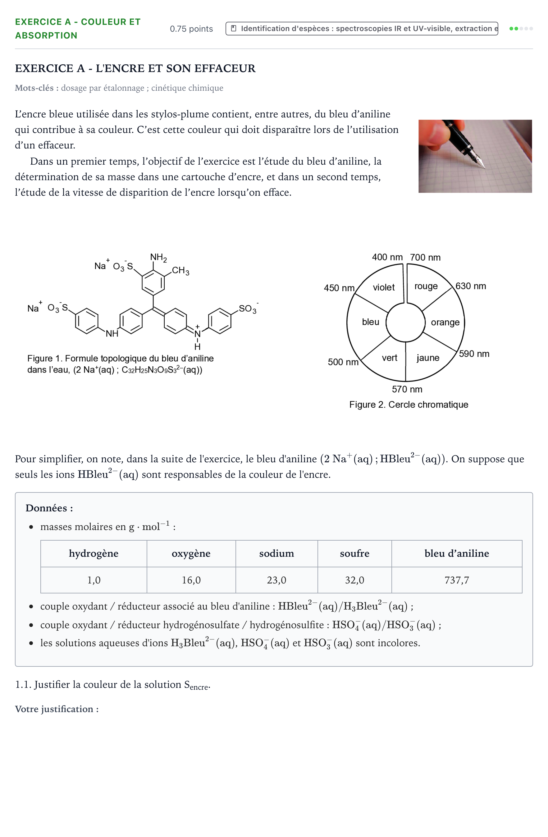 Énoncé: Exercice A - Couleur et absorption · Bac Physique-Chimie Métropole 2 remplacement 2021