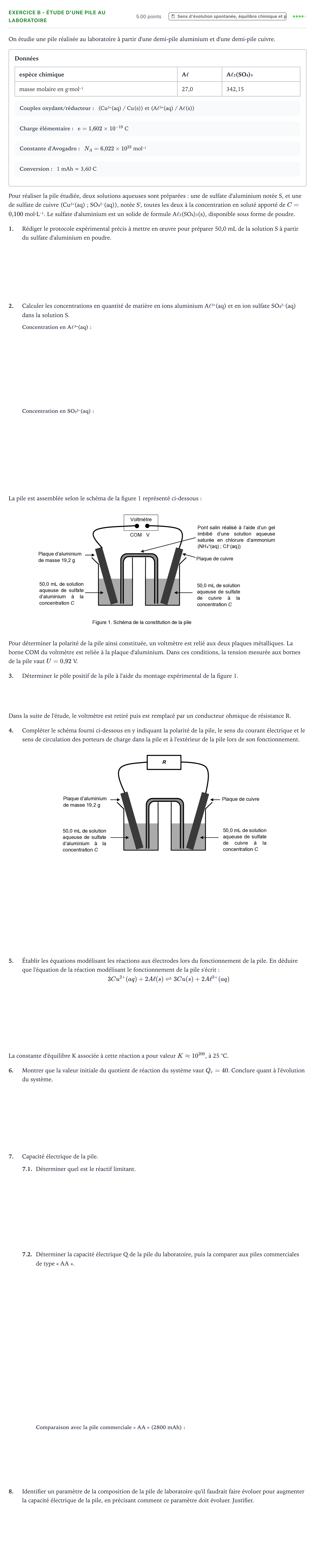 Énoncé: Exercice B - Étude d'une pile au laboratoire · Bac Physique-Chimie Métropole 2 remplacement 2021