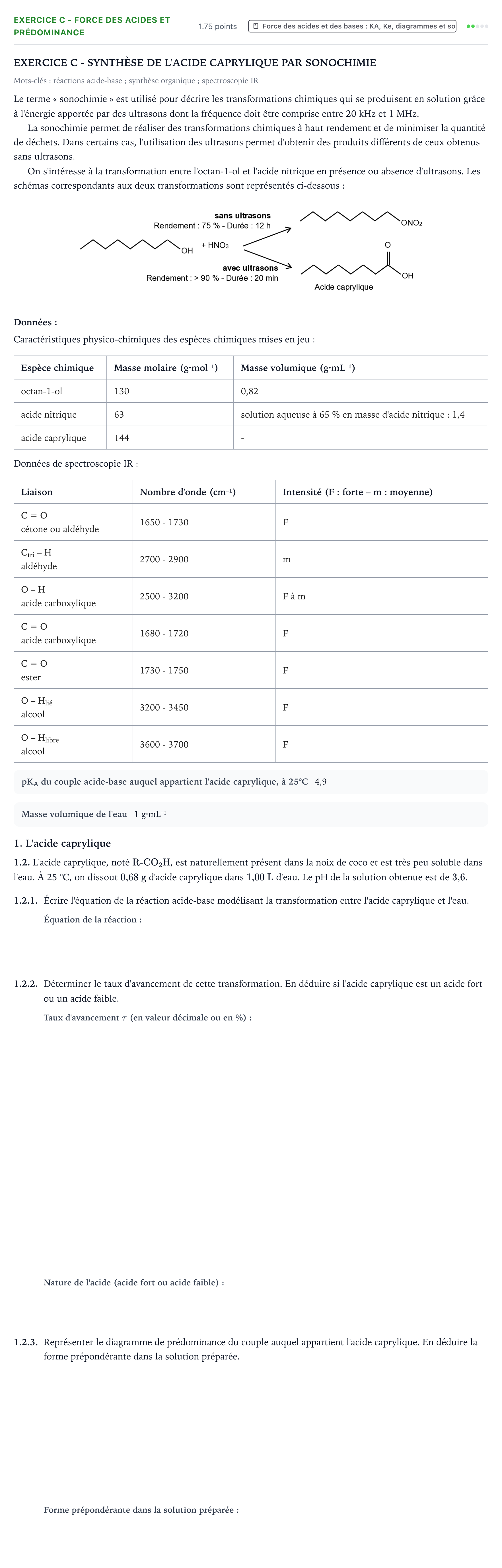 Énoncé: Exercice C - Force des acides et prédominance · Bac Physique-Chimie Métropole 2 remplacement 2021