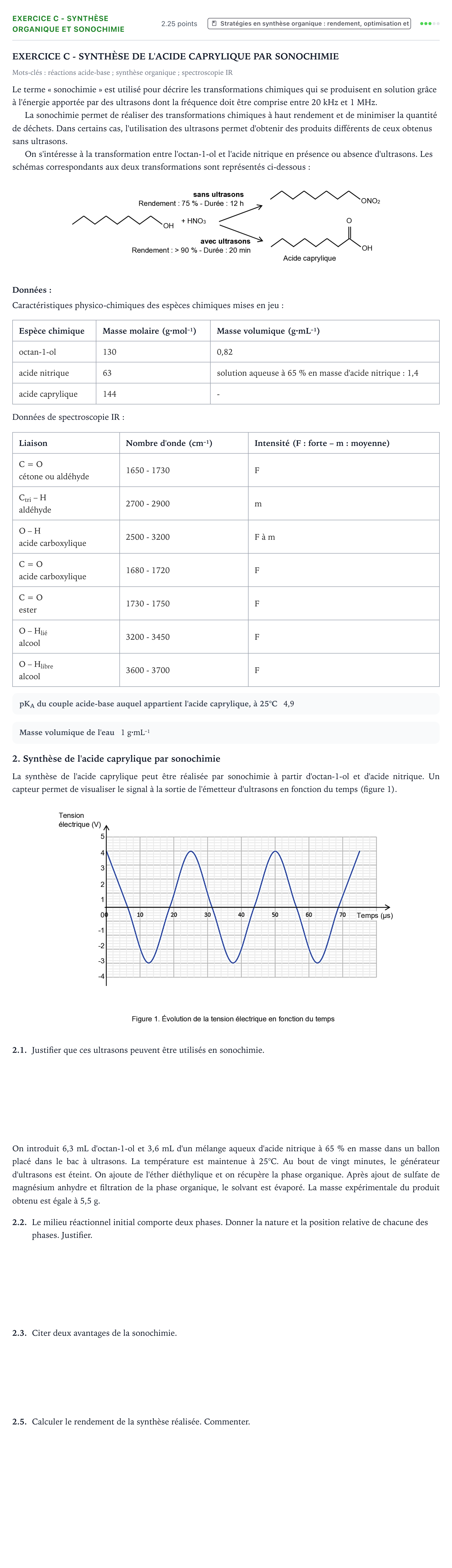 Énoncé: Exercice C - Synthèse organique et sonochimie · Bac Physique-Chimie Métropole 2 remplacement 2021