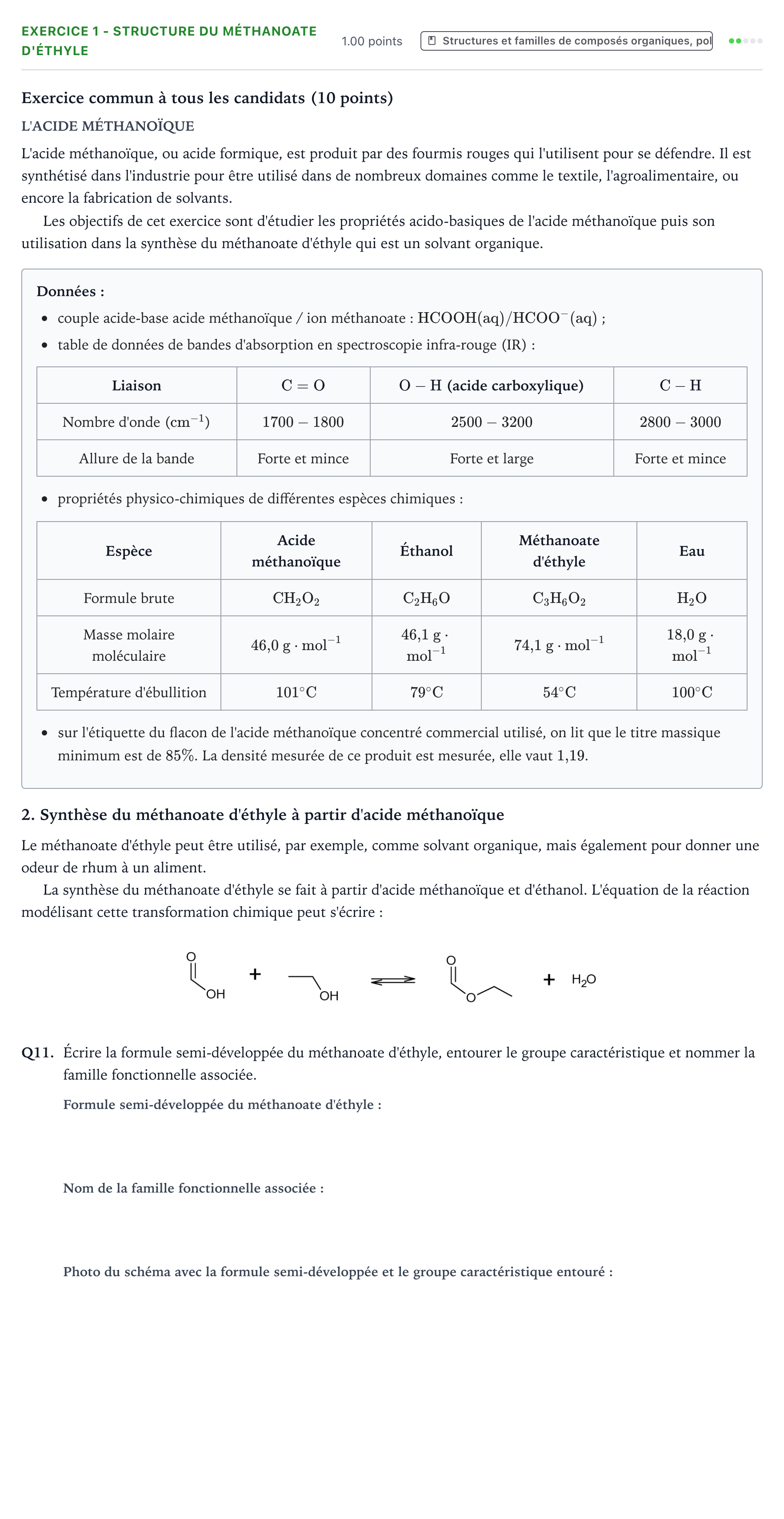 Énoncé: Exercice 1 - Structure du méthanoate d'éthyle · Bac Physique-Chimie Métropole 1 remplacement 2022