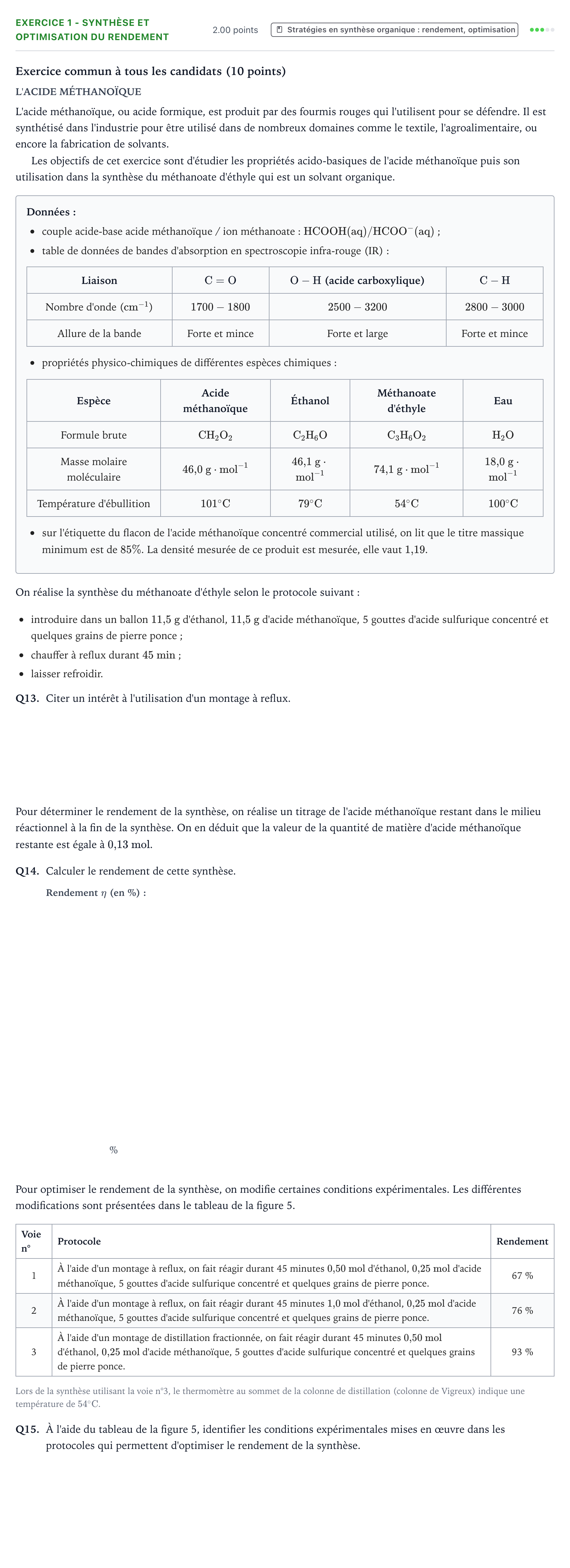 Énoncé: Exercice 1 - Synthèse et optimisation du rendement · Bac Physique-Chimie Métropole 1 remplacement 2022