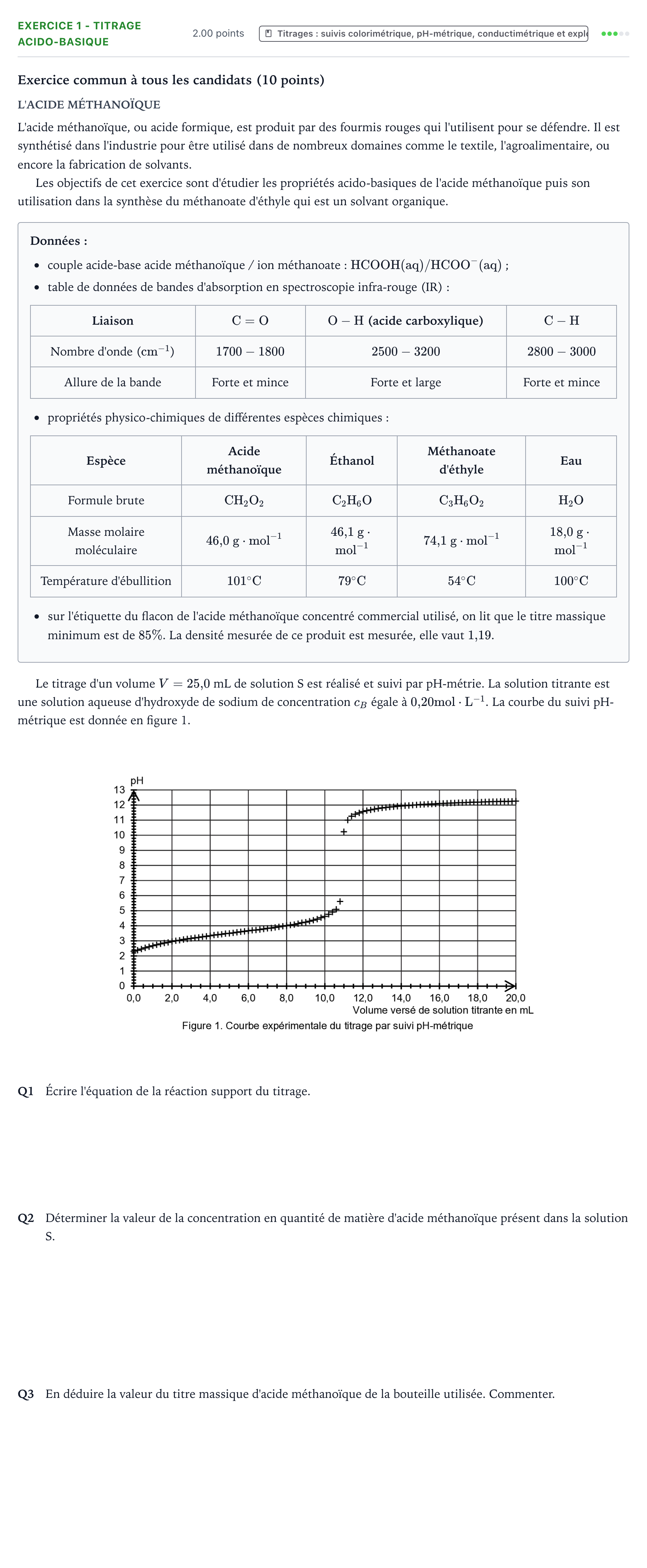 Énoncé: Exercice 1 - Titrage acido-basique · Bac Physique-Chimie Métropole 1 remplacement 2022