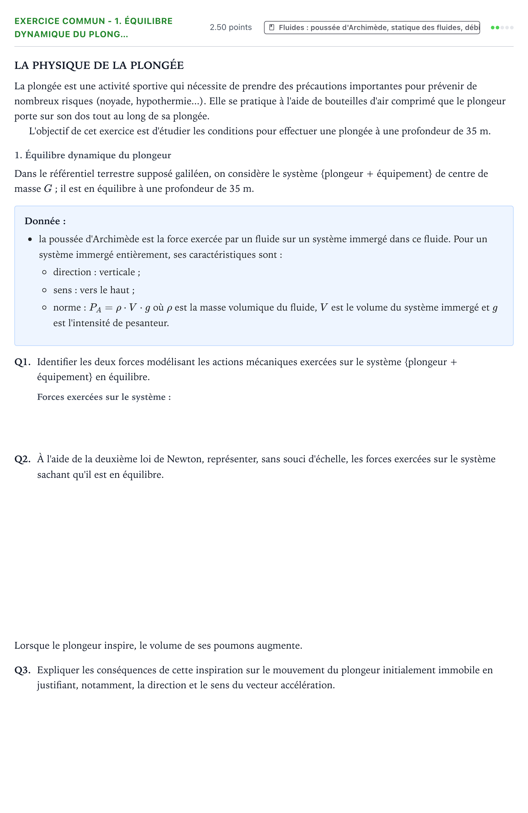 Énoncé: Exercice commun - 1. Équilibre dynamique du plong… · Bac Physique-Chimie Métropole 2 remplacement 2022