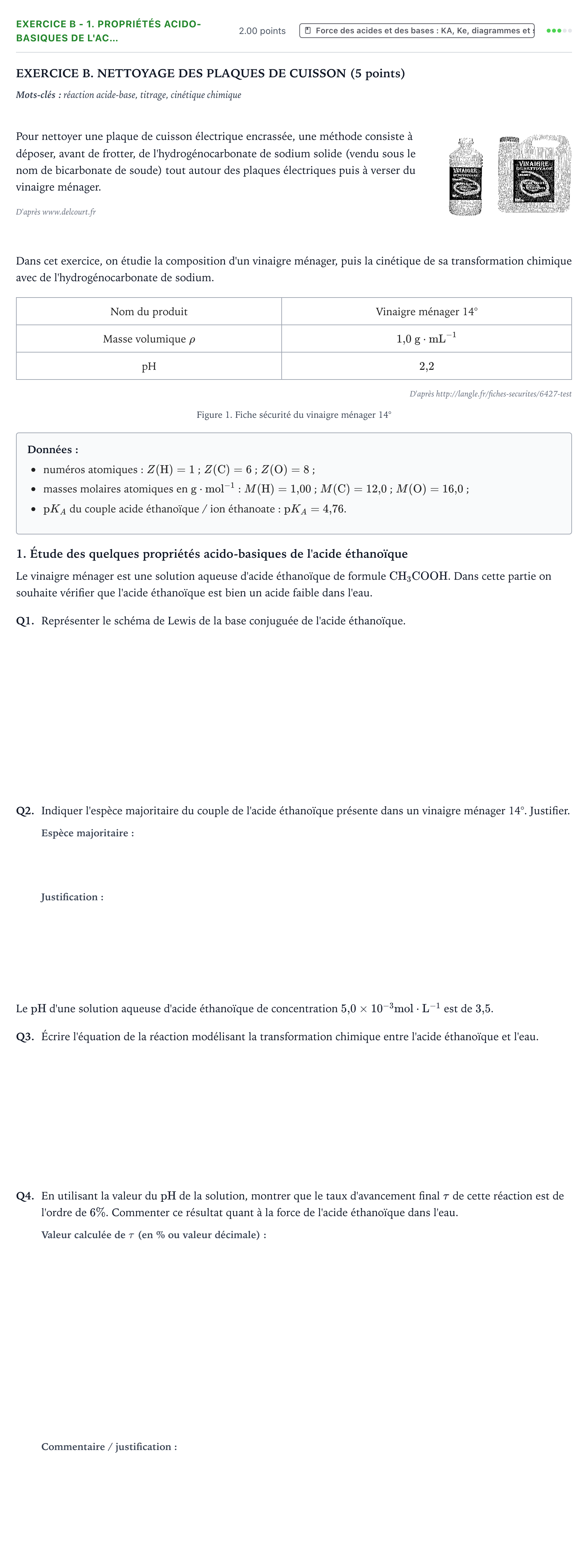 Énoncé: Exercice B - 1. Propriétés acido-basiques de l'ac… · Bac Physique-Chimie Métropole 2 remplacement 2022