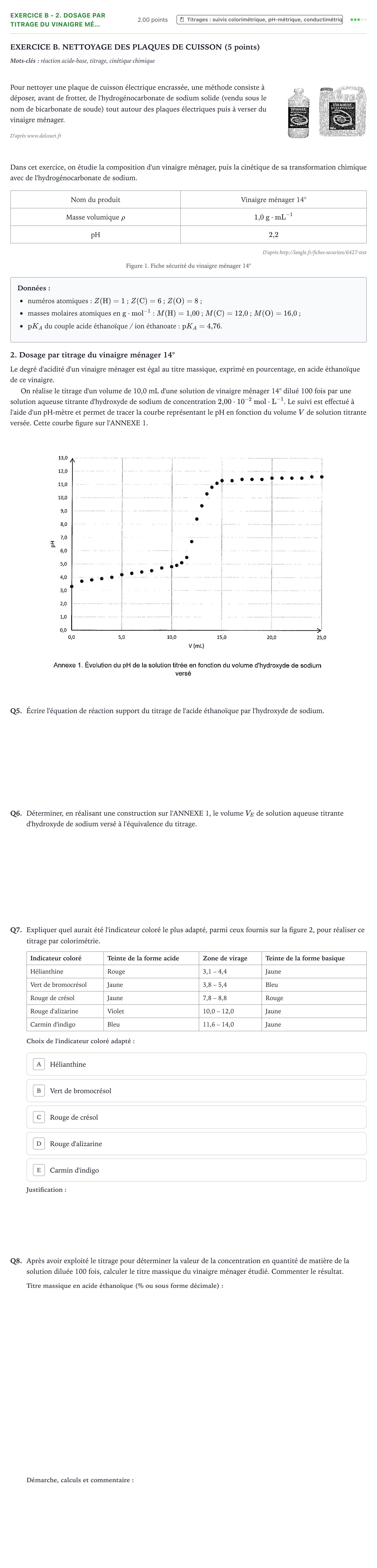 Énoncé: Exercice B - 2. Dosage par titrage du vinaigre mé… · Bac Physique-Chimie Métropole 2 remplacement 2022