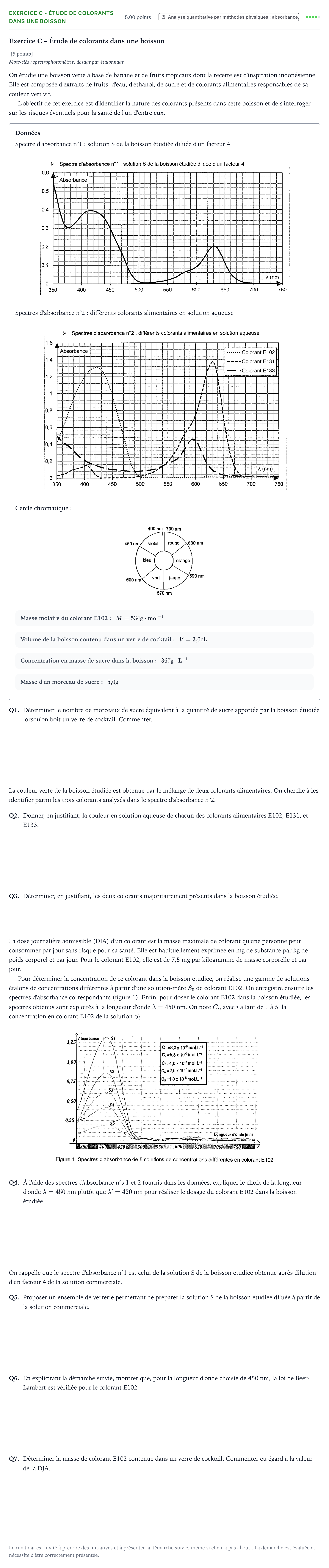 Énoncé: Exercice C - Étude de colorants dans une boisson · Bac Physique-Chimie Métropole 2 remplacement 2022