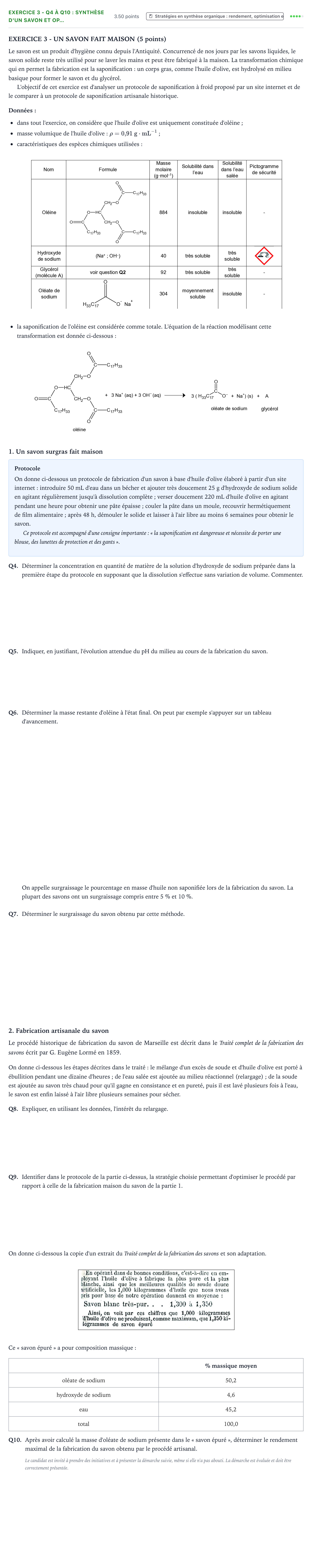 Énoncé: Exercice 3 - Q4 à Q10 : Synthèse d'un savon et op… · Bac Physique-Chimie Métropole 1 remplacement 2023
