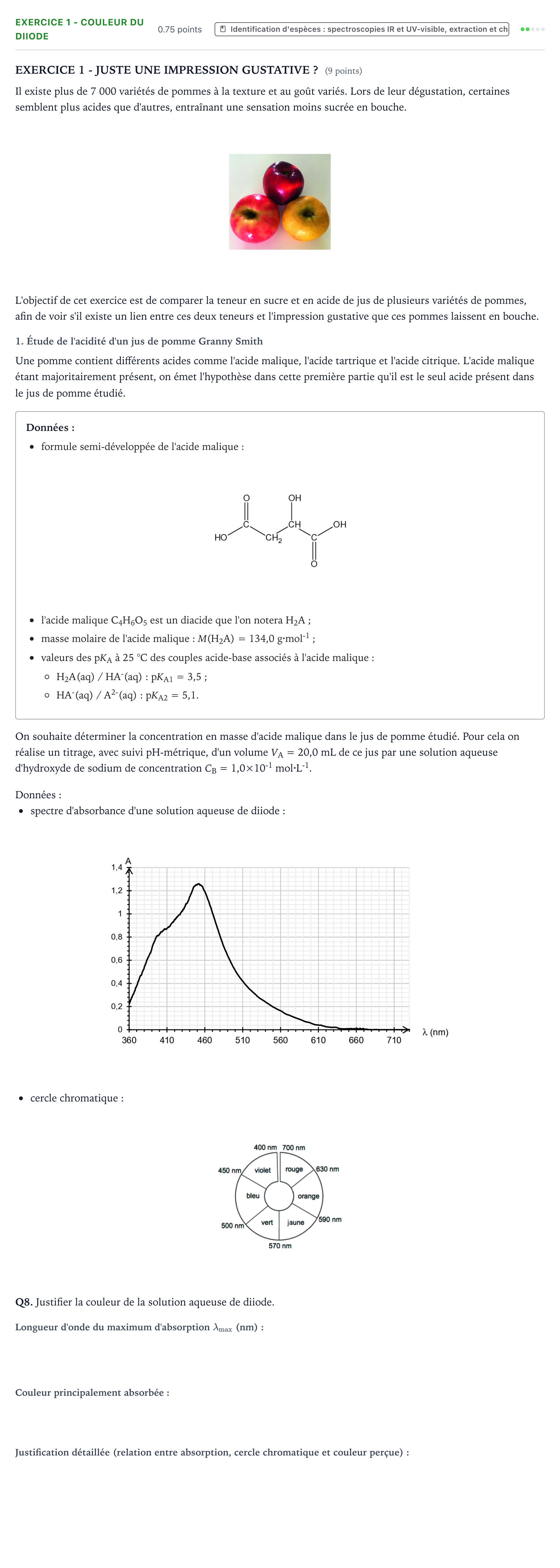 Énoncé: Exercice 1 - Couleur du diiode · Bac Physique-Chimie Métropole 2 remplacement 2023