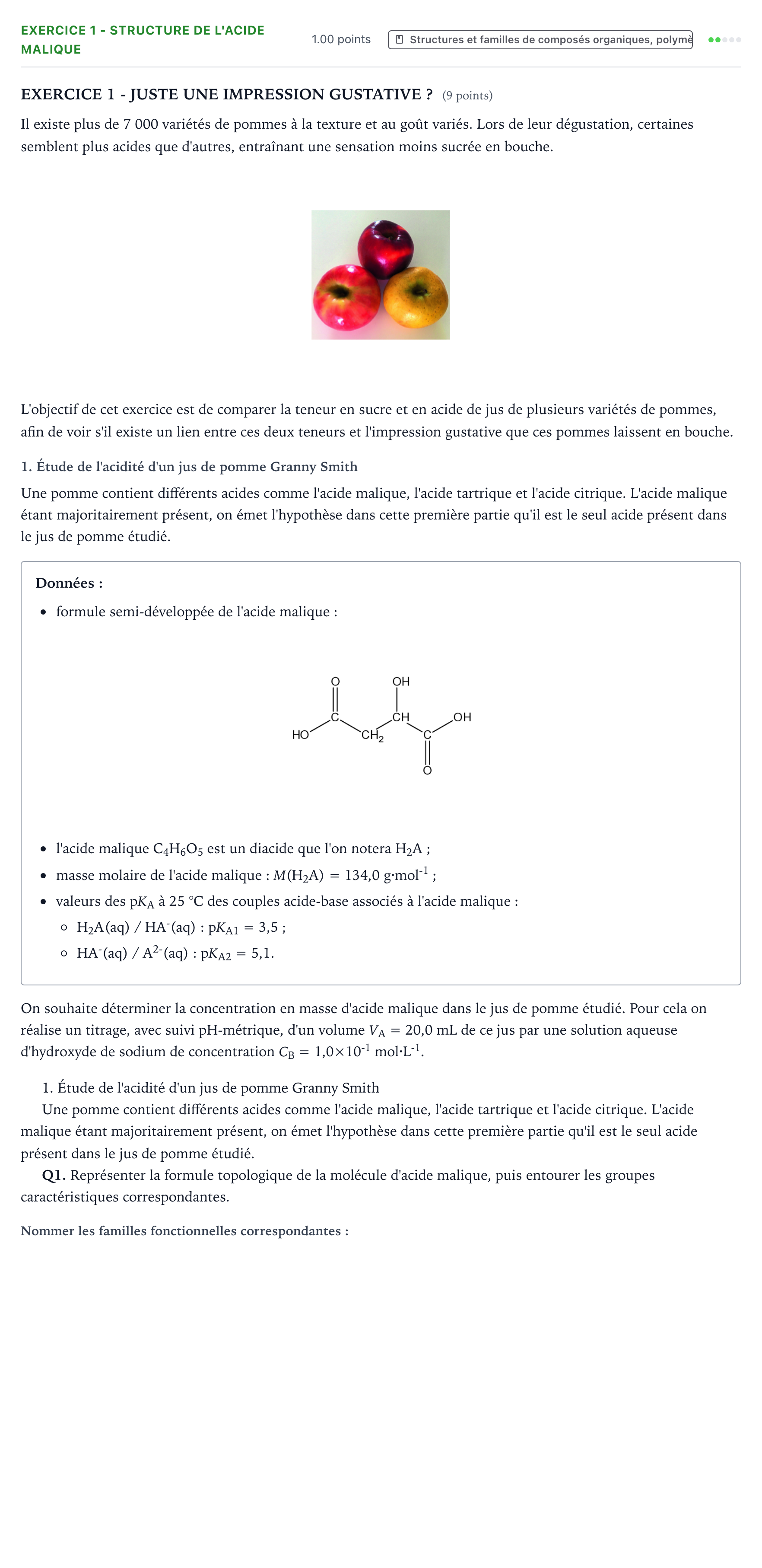 Énoncé: Exercice 1 - Structure de l'acide malique · Bac Physique-Chimie Métropole 2 remplacement 2023