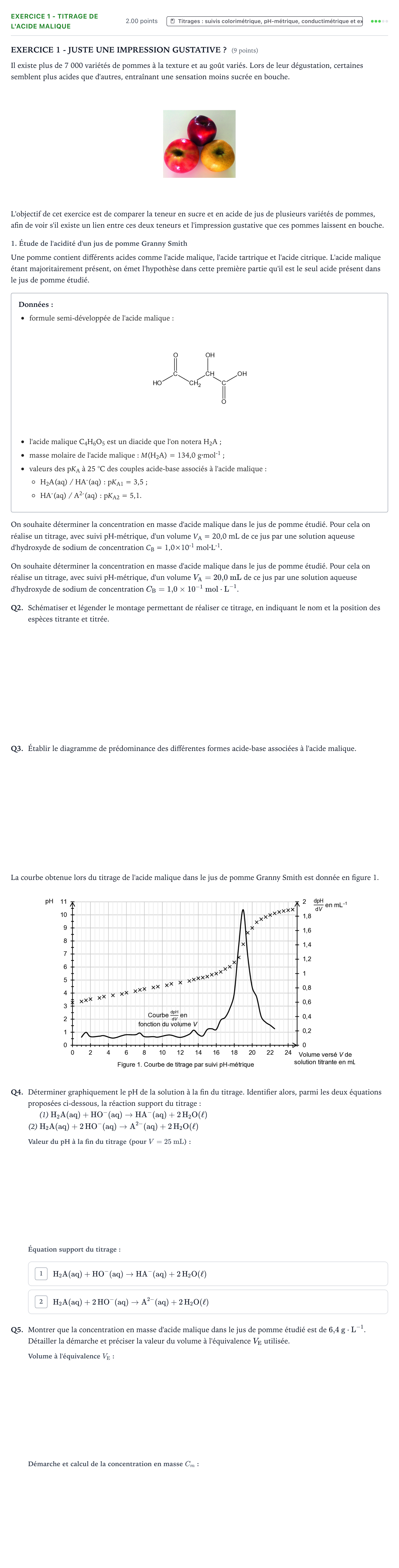Énoncé: Exercice 1 - Titrage de l'acide malique · Bac Physique-Chimie Métropole 2 remplacement 2023