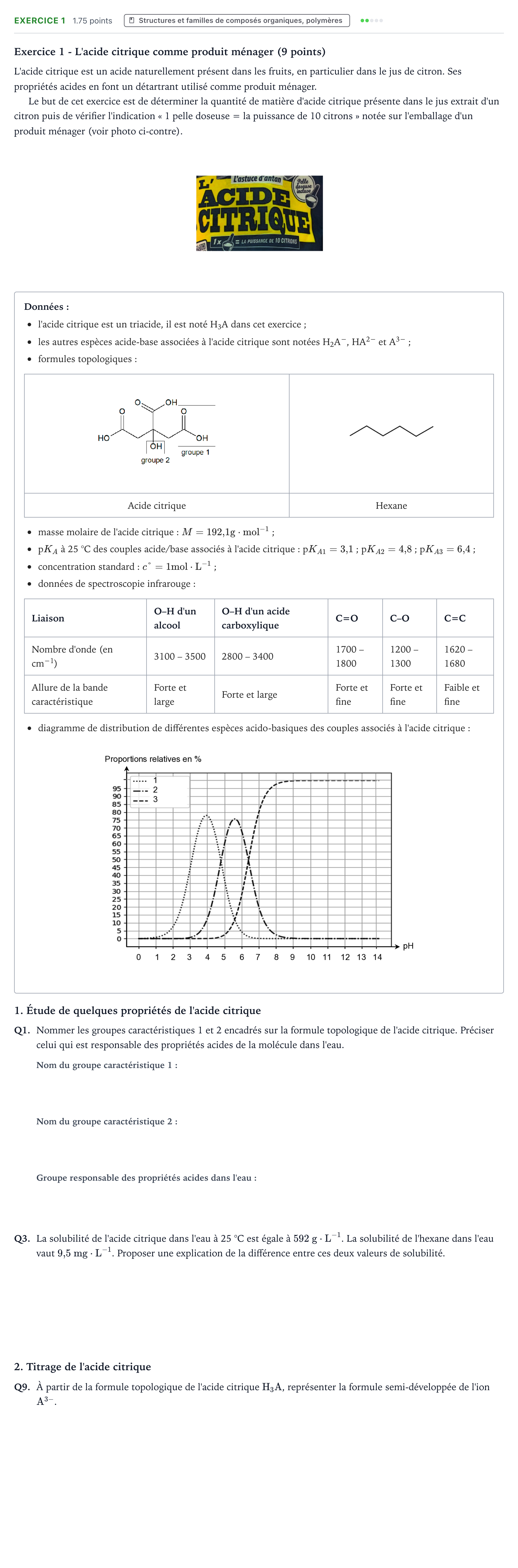 Énoncé: Exercice 1 - Structures et familles de composés organiques · Bac Physique-Chimie Métropole 1 remplacement 2024