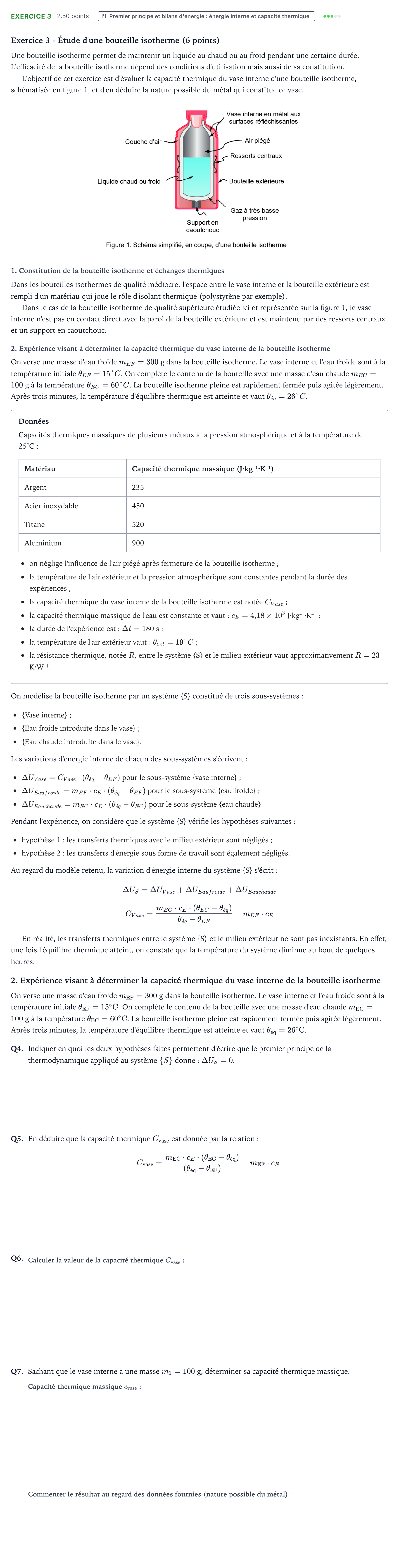 Énoncé: Exercice 3 - Premier principe et bilans d'énergie · Bac Physique-Chimie Métropole 1 remplacement 2024