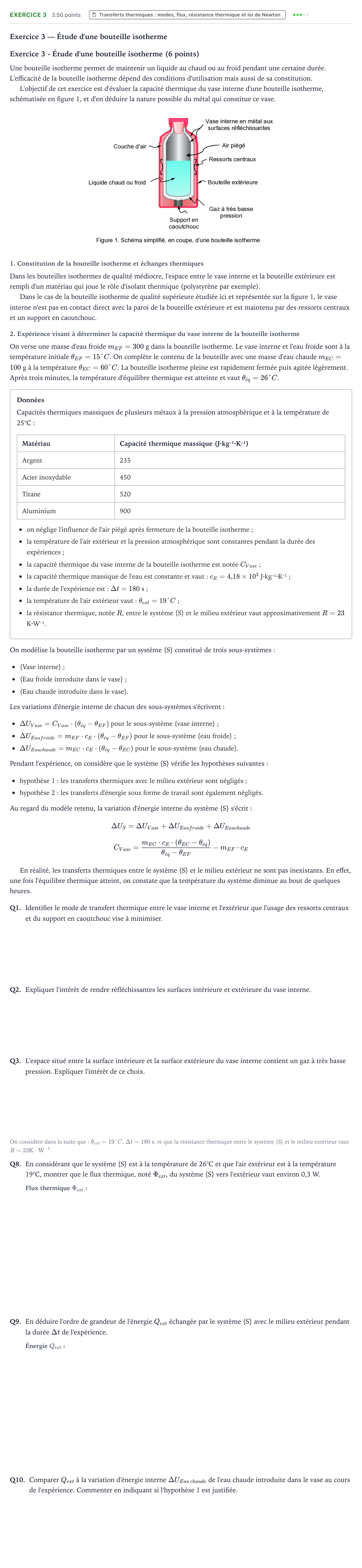 Énoncé: Exercice 3 - Transferts thermiques · Bac Physique-Chimie Métropole 1 remplacement 2024