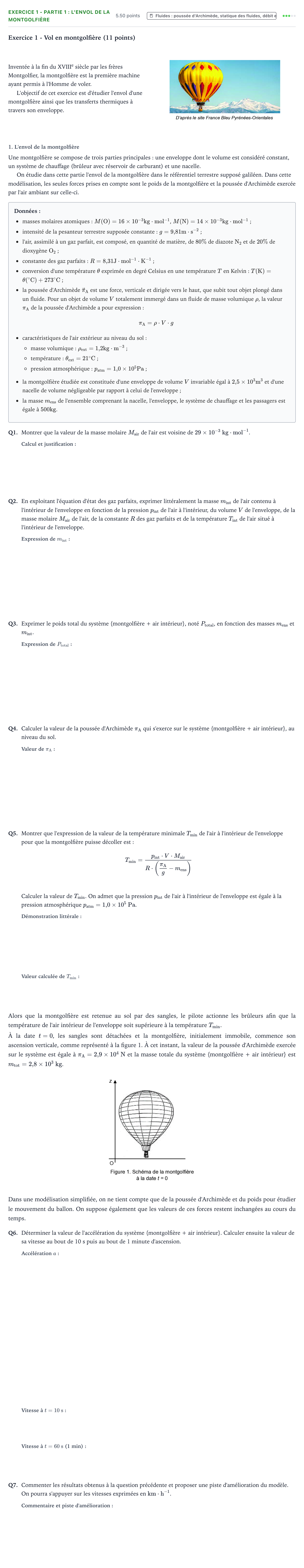 Énoncé: Exercice 1 - Partie 1 : L'envol de la montgolfière · Bac Physique-Chimie Métropole 2 remplacement 2024