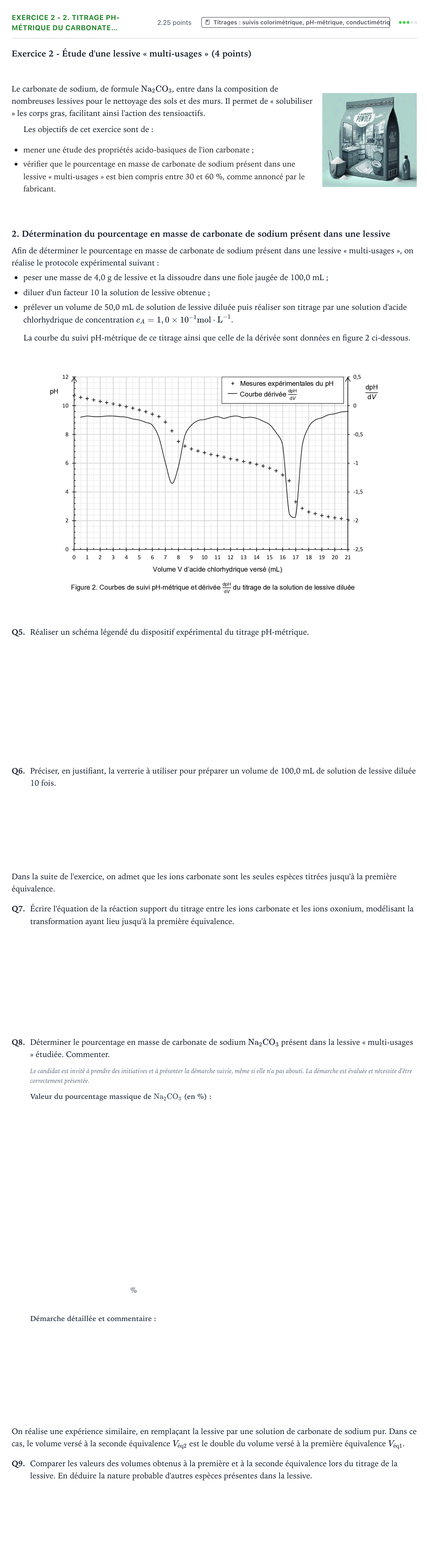 Énoncé: Exercice 2 - 2. Titrage pH-métrique du carbonate… · Bac Physique-Chimie Métropole 1 remplacement 2025