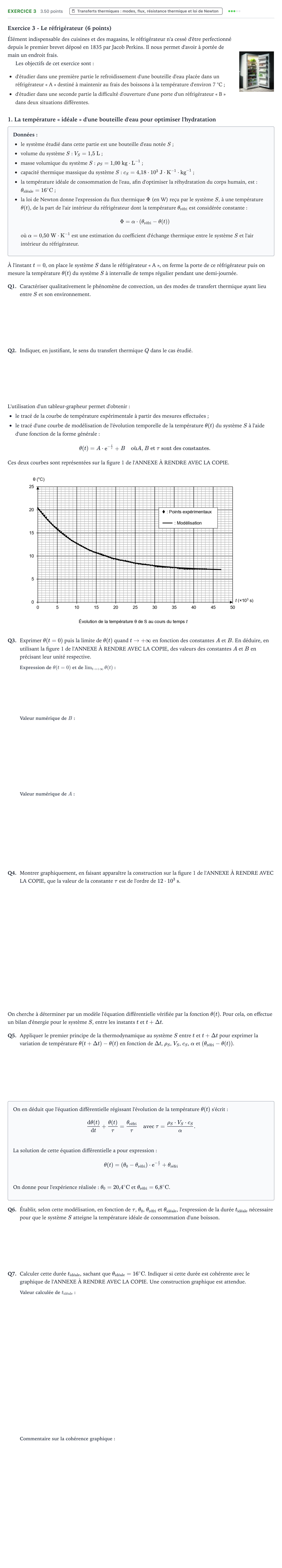 Énoncé: Exercice 3 - Transferts thermiques · Bac Physique-Chimie Métropole 2 remplacement 2025