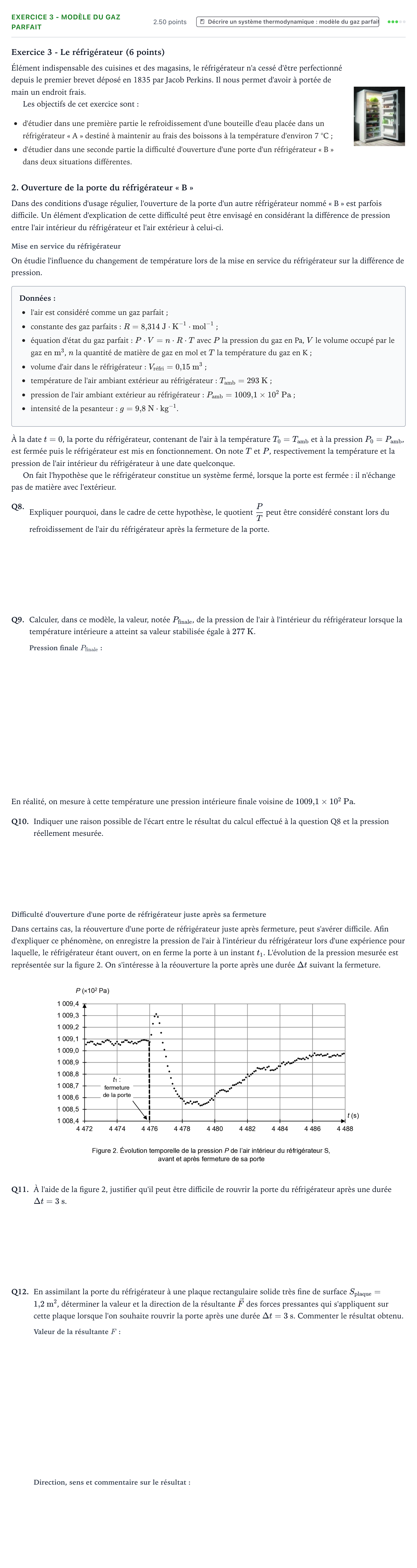 Énoncé: Exercice 3 - Modèle du gaz parfait · Bac Physique-Chimie Métropole 2 remplacement 2025