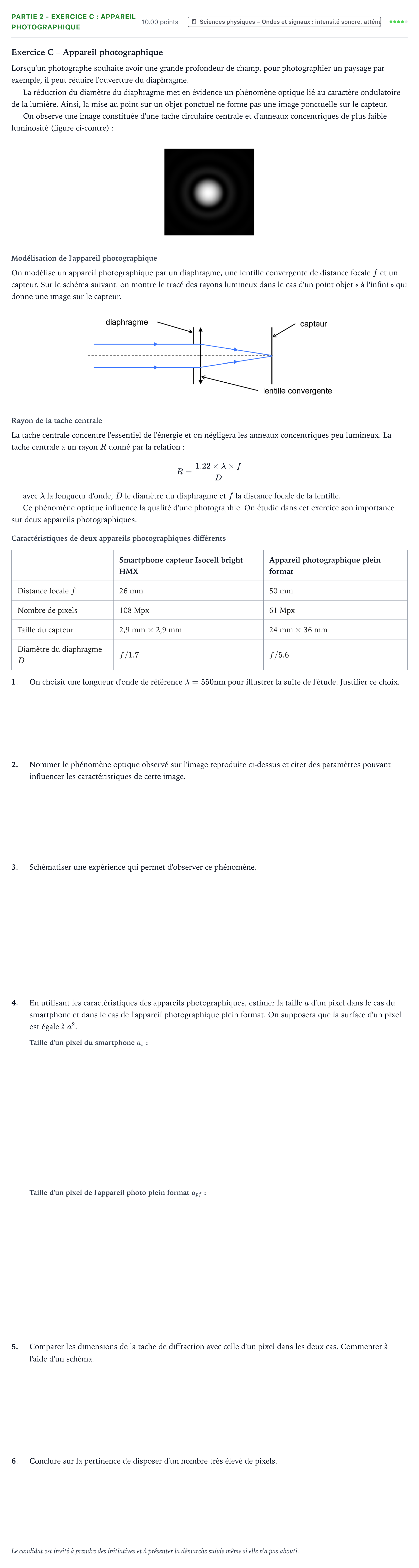 Énoncé: Partie 2 - Exercice C : Appareil photographique · Bac Sciences de l'Ingénieur Métropole 2 remplacement 2021