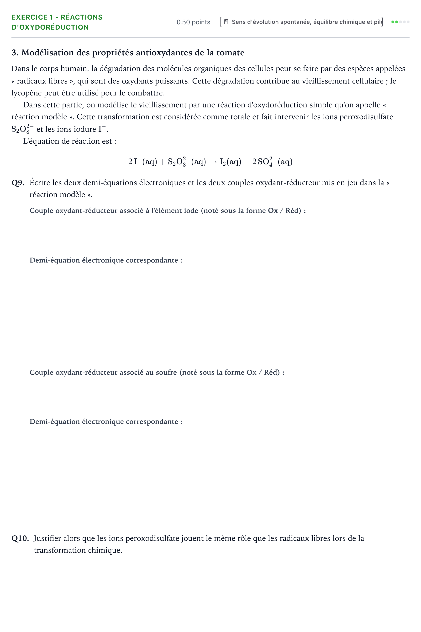 Énoncé: Exercice 1 - Réactions d'oxydoréduction · Bac Physique-Chimie Métropole Secours 2026 (sujet 2)