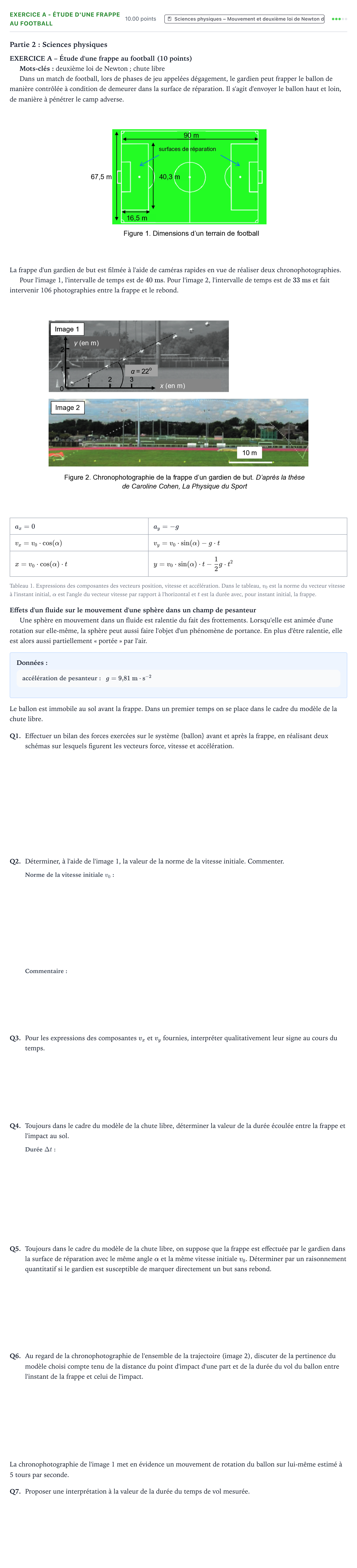 Énoncé: Exercice A - Étude d'une frappe au football · Bac Sciences de l'Ingénieur Métropole 1 remplacement 2022