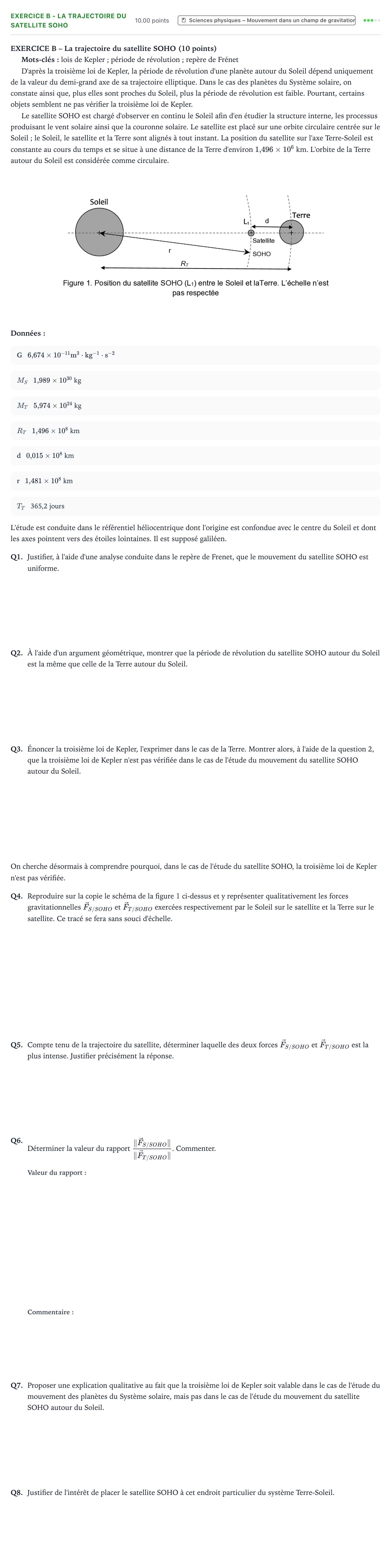 Énoncé: Exercice B - La trajectoire du satellite SOHO · Bac Sciences de l'Ingénieur Métropole 2 remplacement 2022