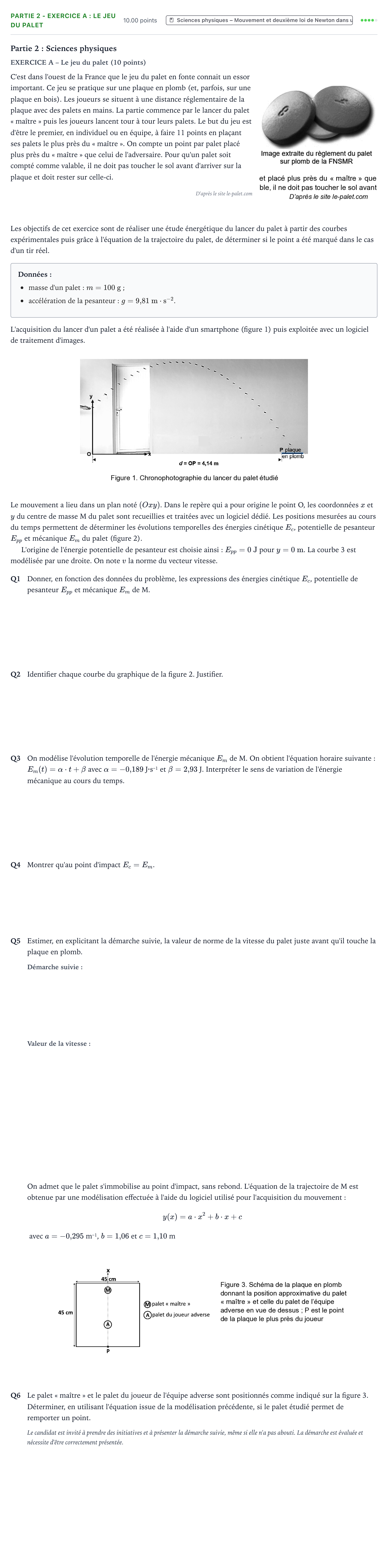 Énoncé: Partie 2 - Exercice A : Le jeu du palet · Bac Sciences de l'Ingénieur Métropole 1 remplacement 2024