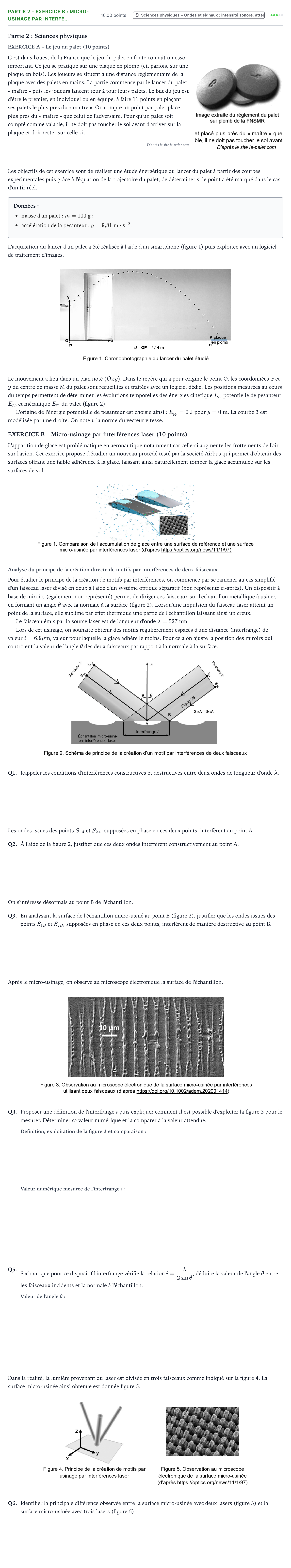 Énoncé: Partie 2 - Exercice B : Micro-usinage par interfé… · Bac Sciences de l'Ingénieur Métropole 1 remplacement 2024