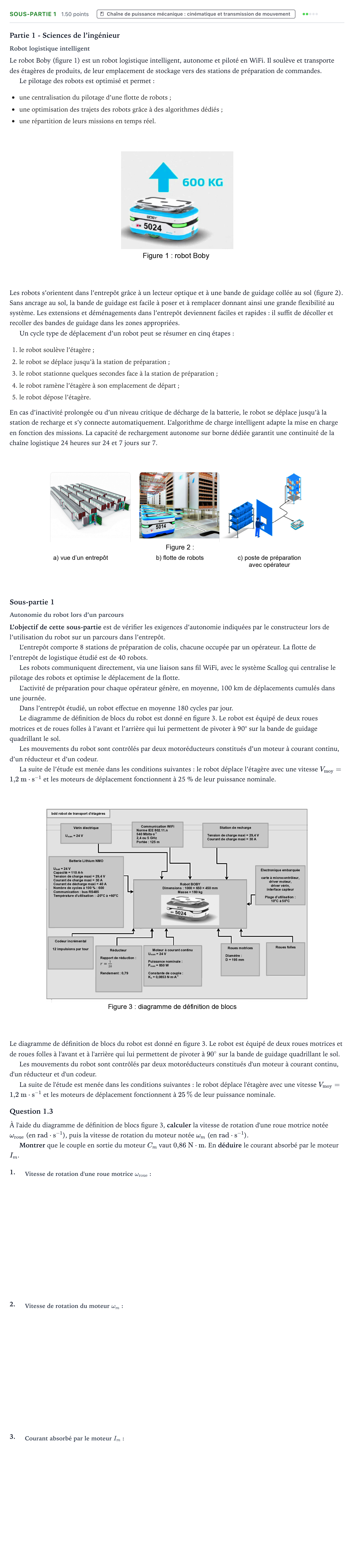 Énoncé: Exercice Sous-partie 1 - Chaîne de puissance mécanique · Bac Sciences de l'Ingénieur Métropole 1 remplacement 2024