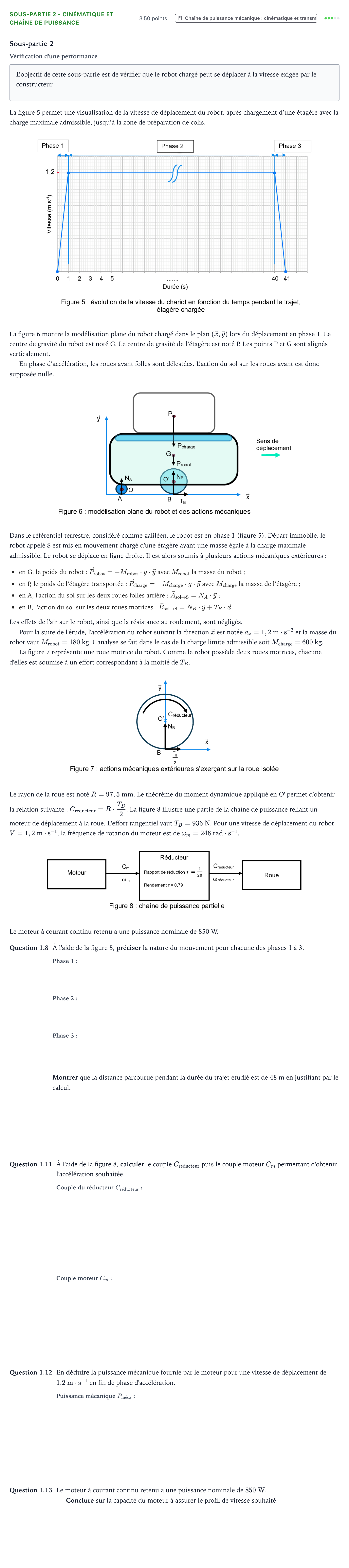 Énoncé: Exercice Sous-partie 2 - Cinématique et chaîne de puissance · Bac Sciences de l'Ingénieur Métropole 1 remplacement 2024