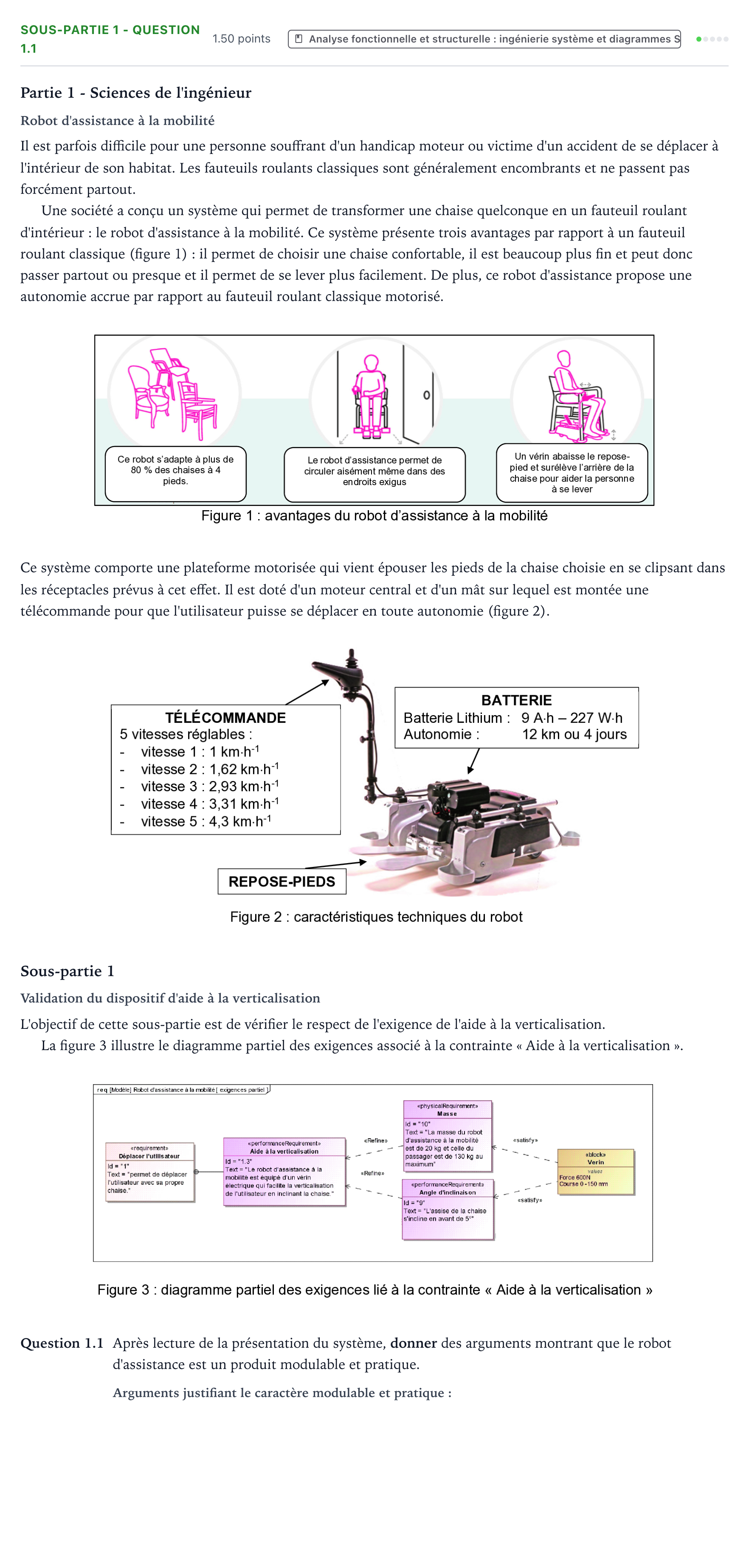 Énoncé: Exercice Sous-partie 1 - Question 1.1 · Bac Sciences de l'Ingénieur Métropole 1 remplacement 2025