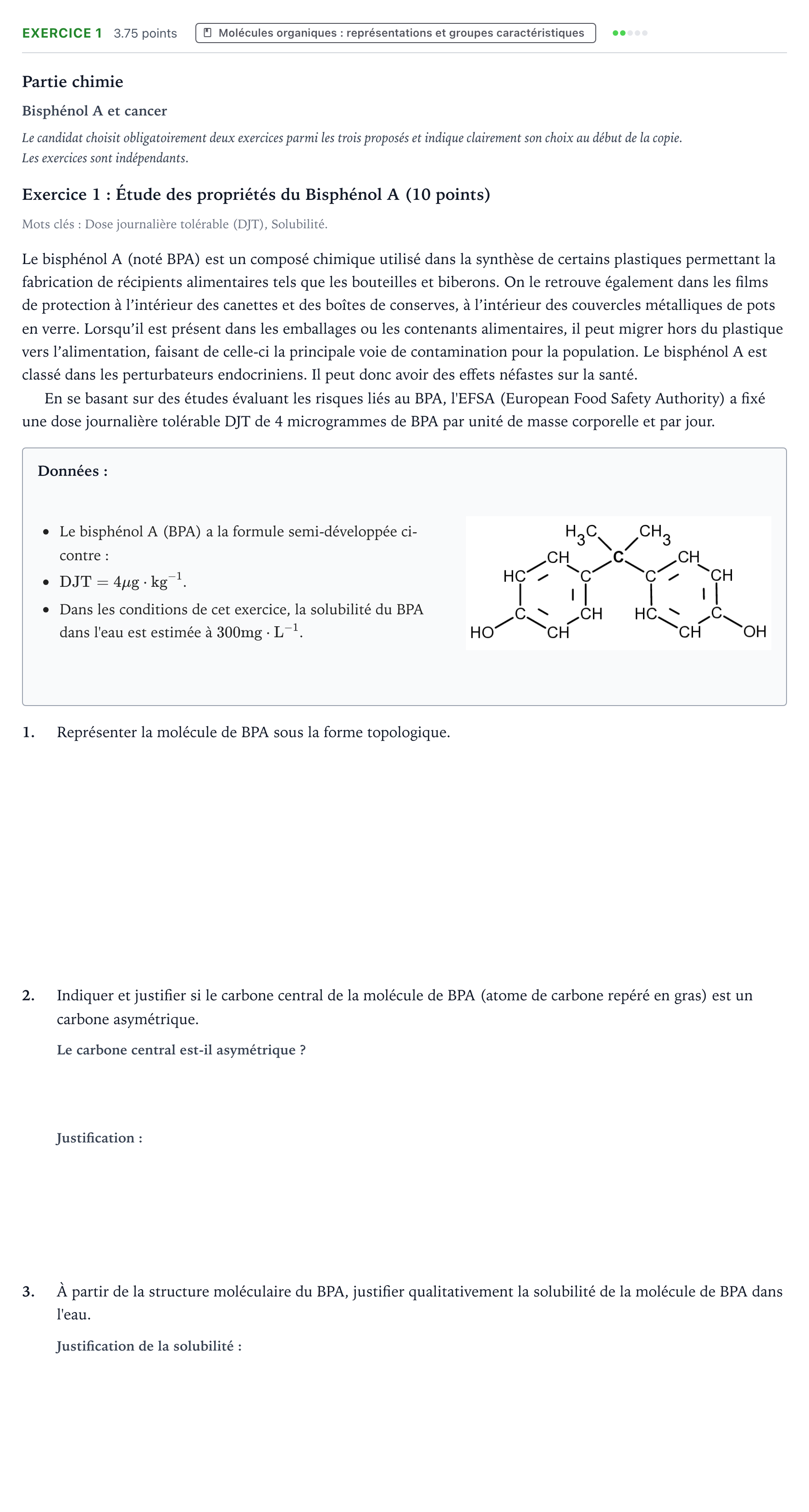 Énoncé: Exercice 1 - Molécules organiques · Bac ST2S Chimie, Biologie et Physiopathologie Humaines Métropole Candidat libre 2021