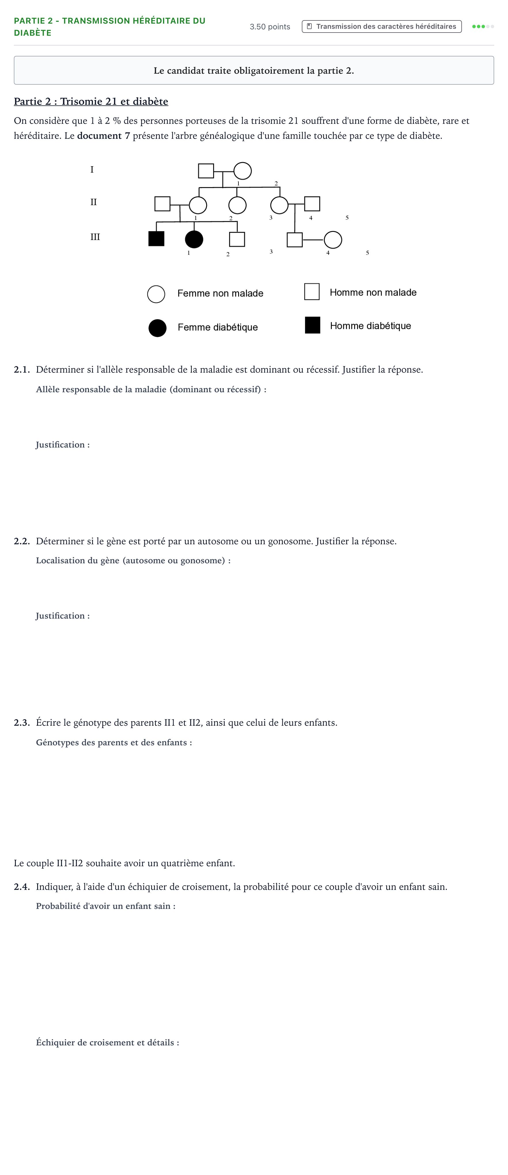 Énoncé: Partie 2 - Transmission héréditaire du diabète · Bac ST2S Chimie, Biologie et Physiopathologie Humaines Métropole remplacement 2021