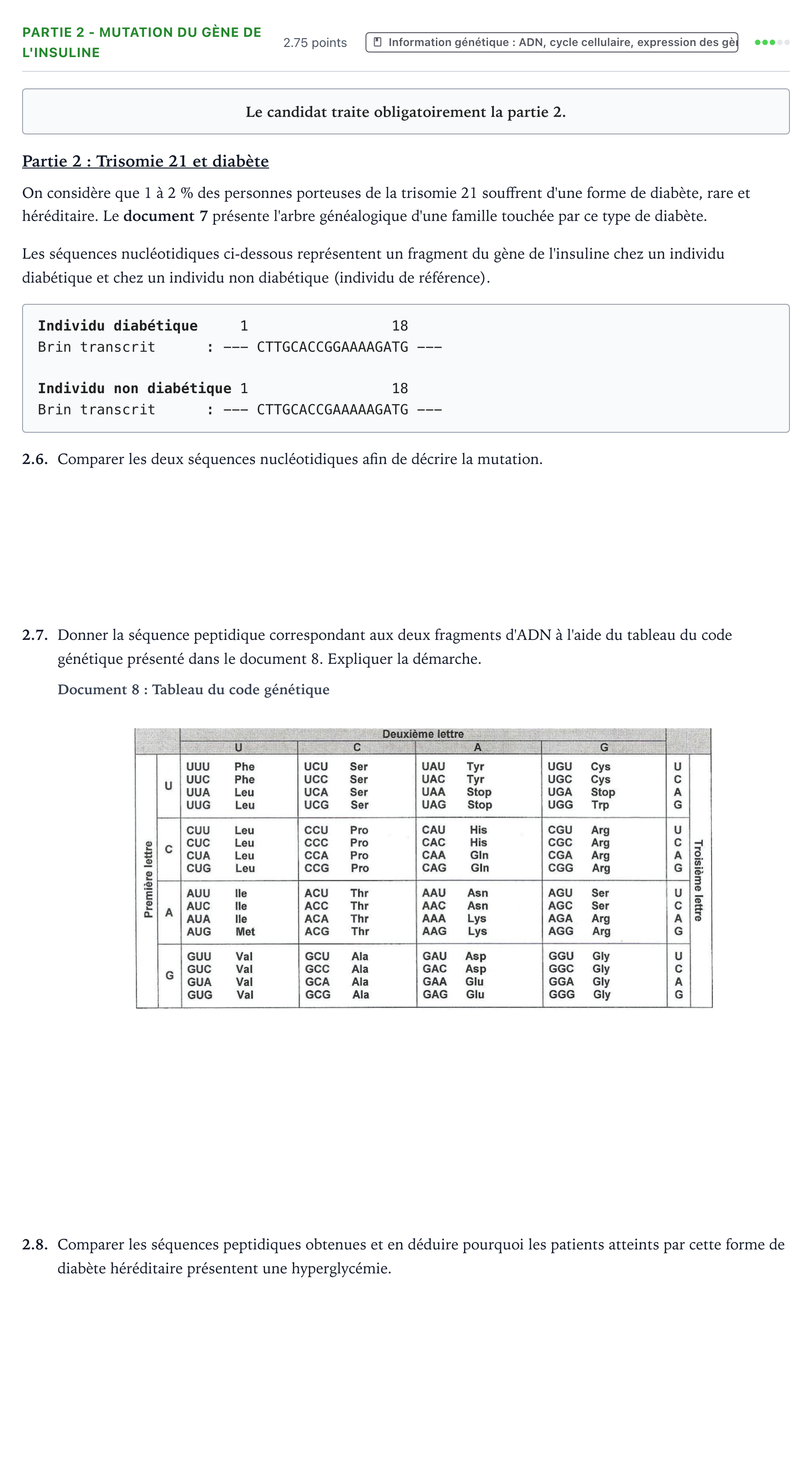 Énoncé: Partie 2 - Mutation du gène de l'insuline · Bac ST2S Chimie, Biologie et Physiopathologie Humaines Métropole remplacement 2021