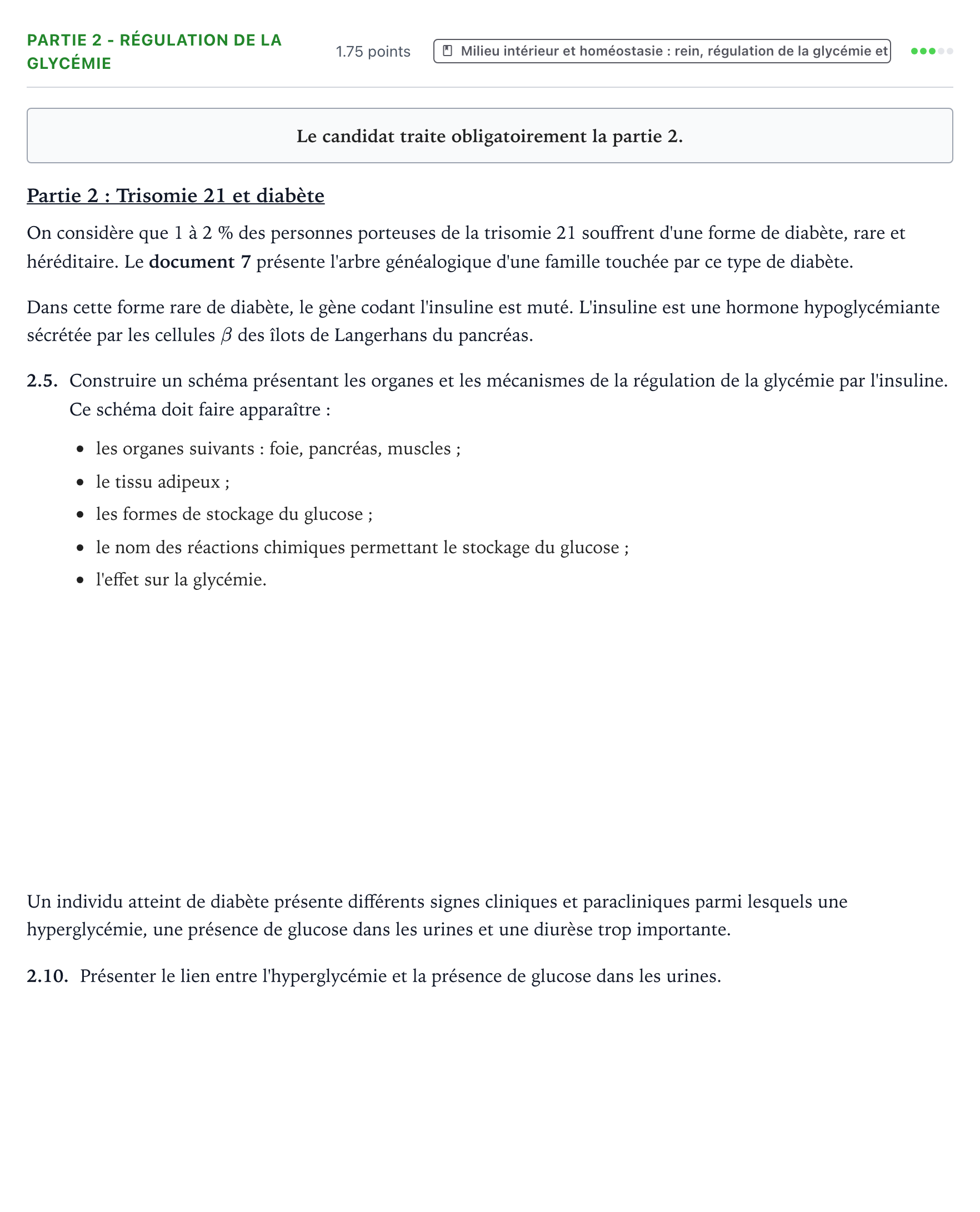 Énoncé: Partie 2 - Régulation de la glycémie · Bac ST2S Chimie, Biologie et Physiopathologie Humaines Métropole remplacement 2021
