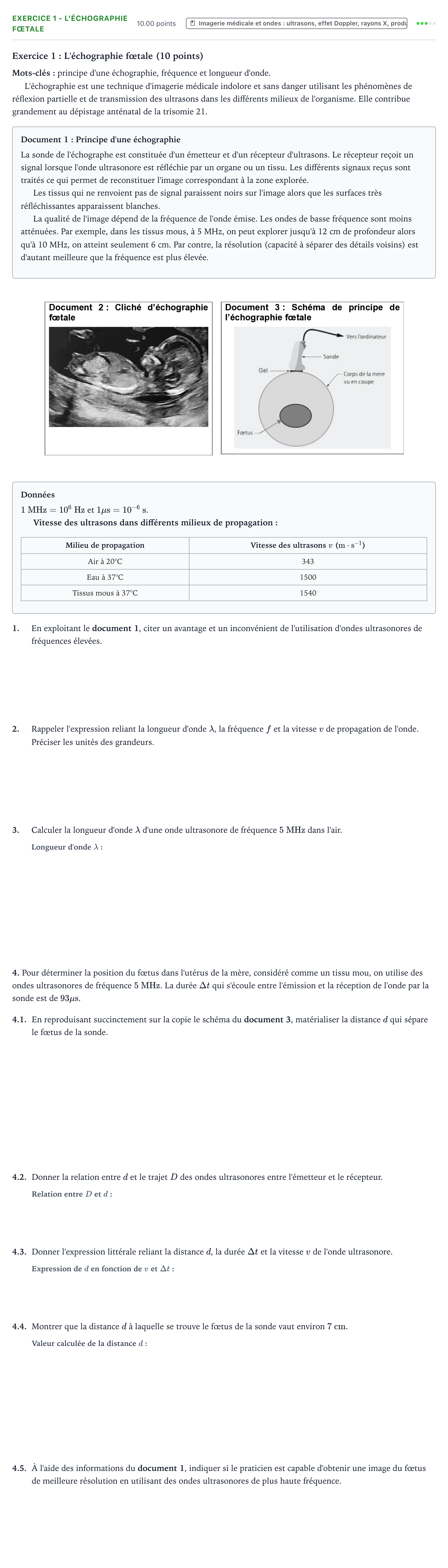 Énoncé: Exercice 1 - L'échographie fœtale · Bac ST2S Chimie, Biologie et Physiopathologie Humaines Métropole remplacement 2021