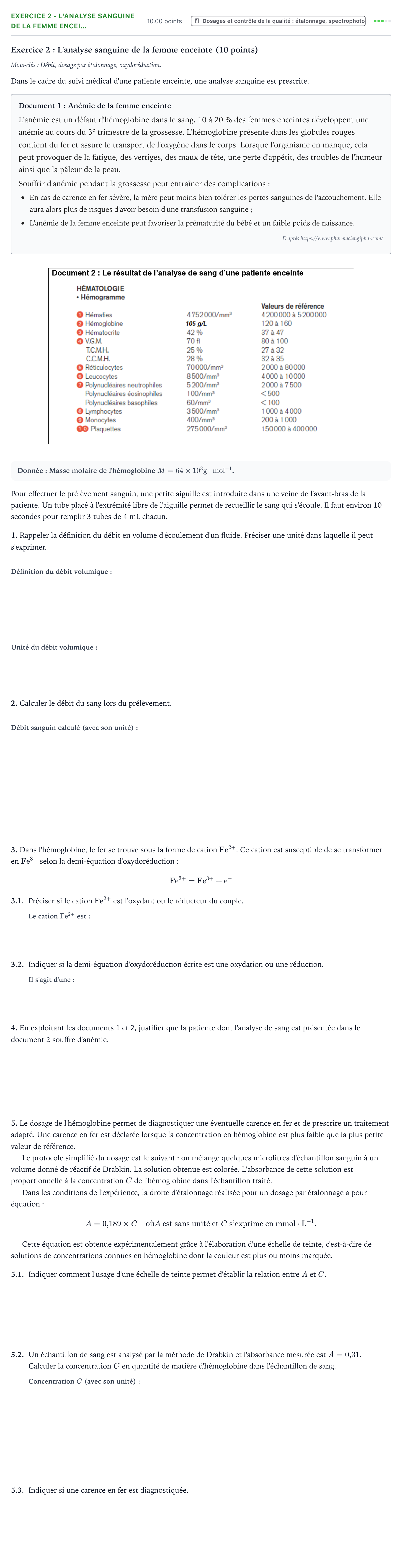 Énoncé: Exercice 2 - L'analyse sanguine de la femme encei… · Bac ST2S Chimie, Biologie et Physiopathologie Humaines Métropole remplacement 2021