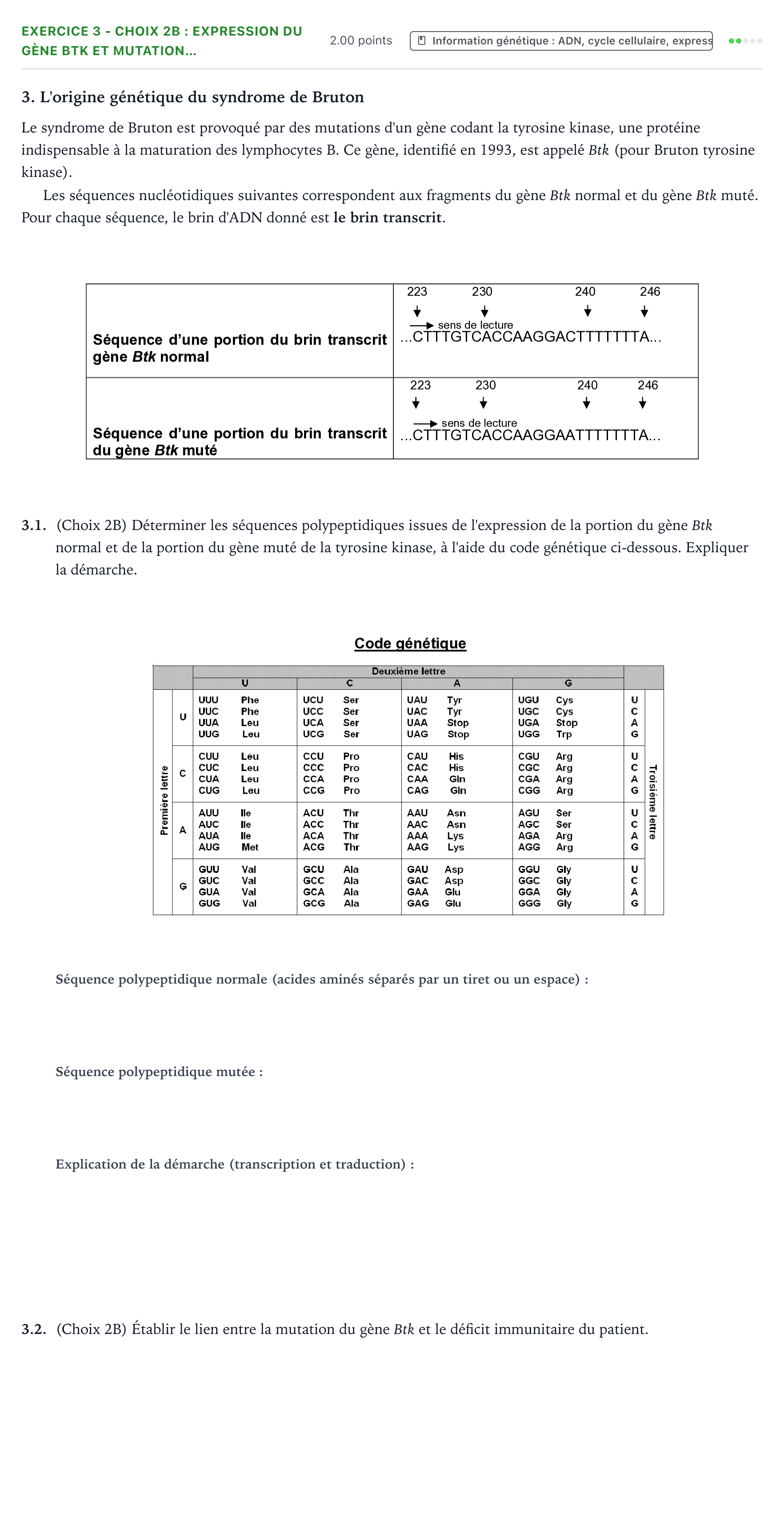 Énoncé: Exercice 3 - Choix 2B : Expression du gène Btk et mutation… · Bac ST2S Chimie, Biologie et Physiopathologie Humaines Métropole remplacement 2022