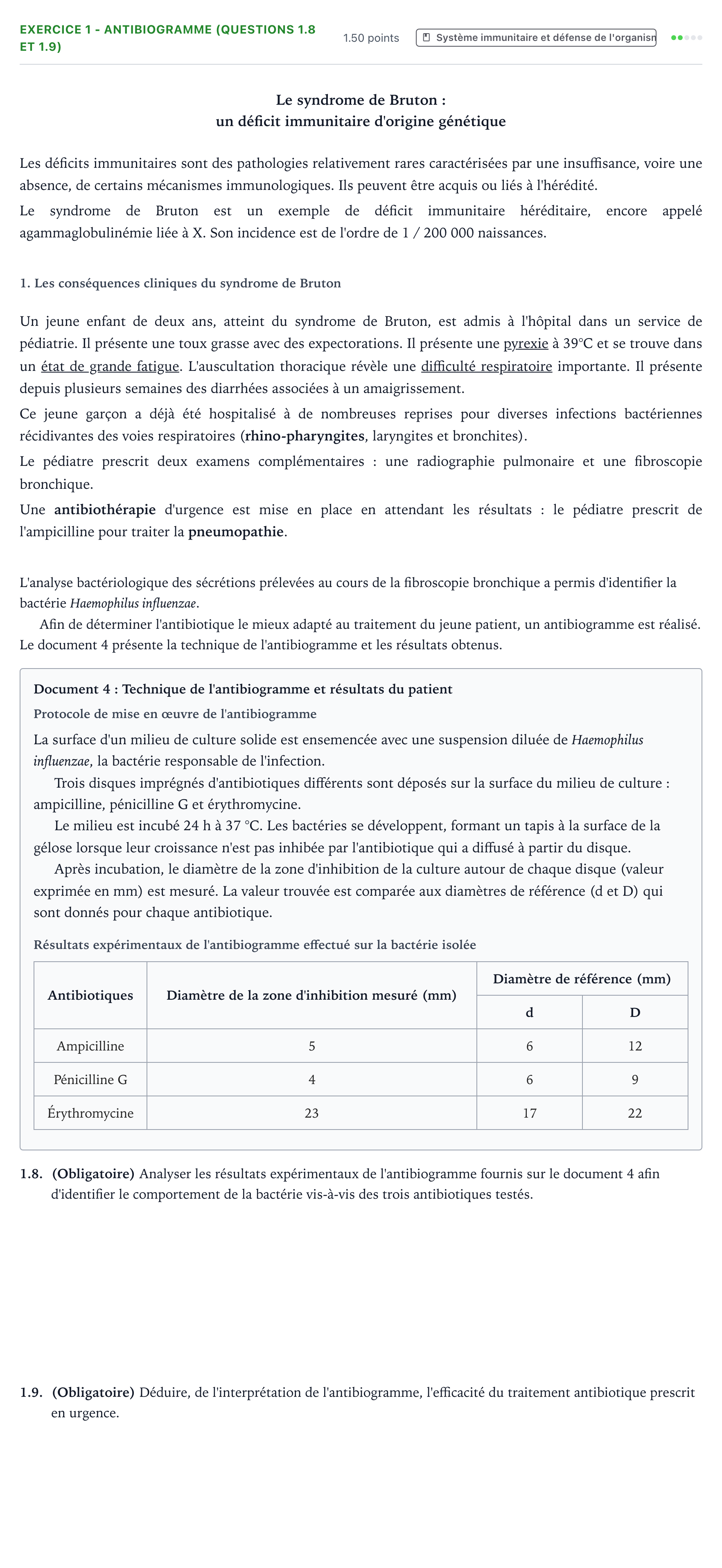 Énoncé: Exercice 1 - Antibiogramme (questions 1.8 et 1.9) · Bac ST2S Chimie, Biologie et Physiopathologie Humaines Métropole remplacement 2022