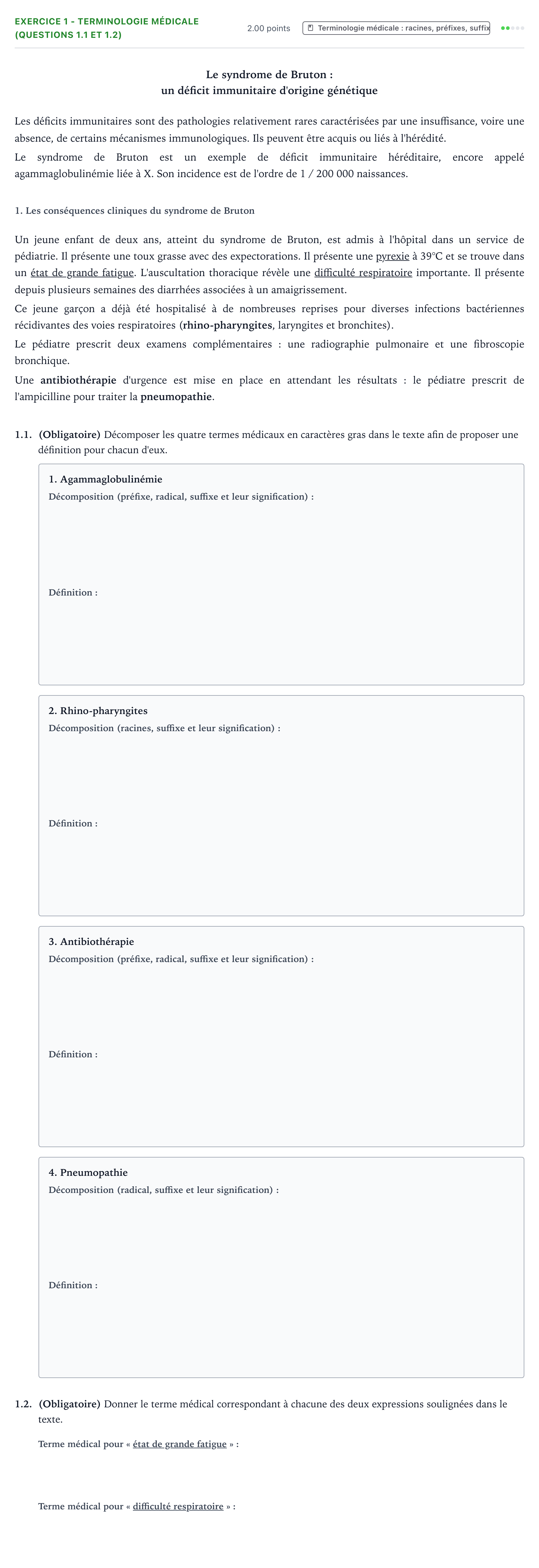 Énoncé: Exercice 1 - Terminologie médicale (questions 1.1 et 1.2) · Bac ST2S Chimie, Biologie et Physiopathologie Humaines Métropole remplacement 2022
