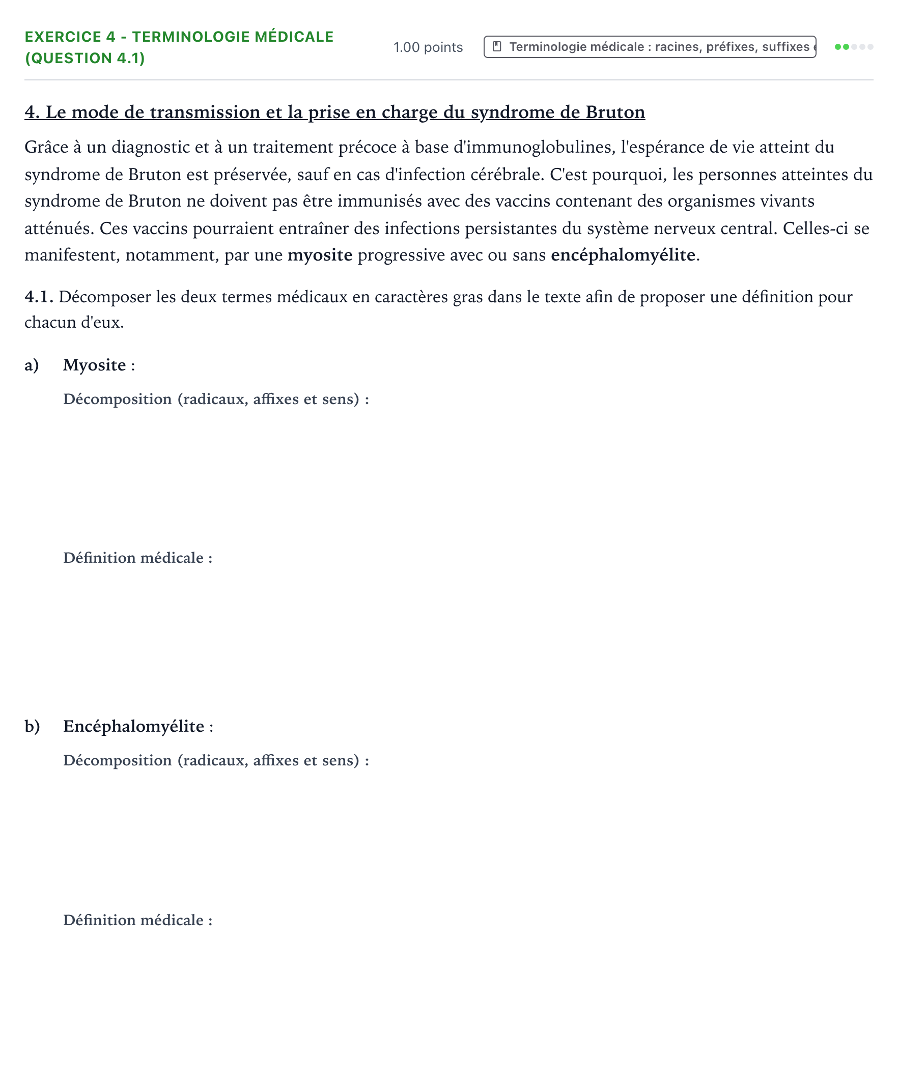Énoncé: Exercice 4 - Terminologie médicale (question 4.1) · Bac ST2S Chimie, Biologie et Physiopathologie Humaines Métropole remplacement 2022