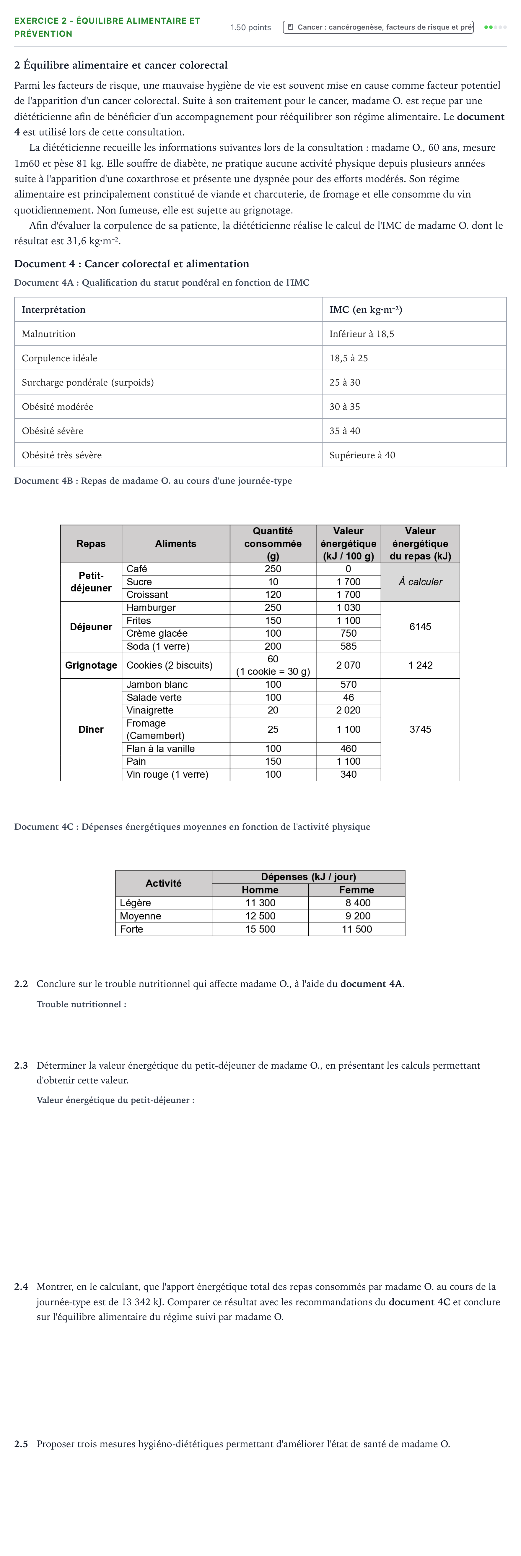 Énoncé: Exercice 2 - Équilibre alimentaire et prévention · Bac ST2S Chimie, Biologie et Physiopathologie Humaines Métropole remplacement 2024