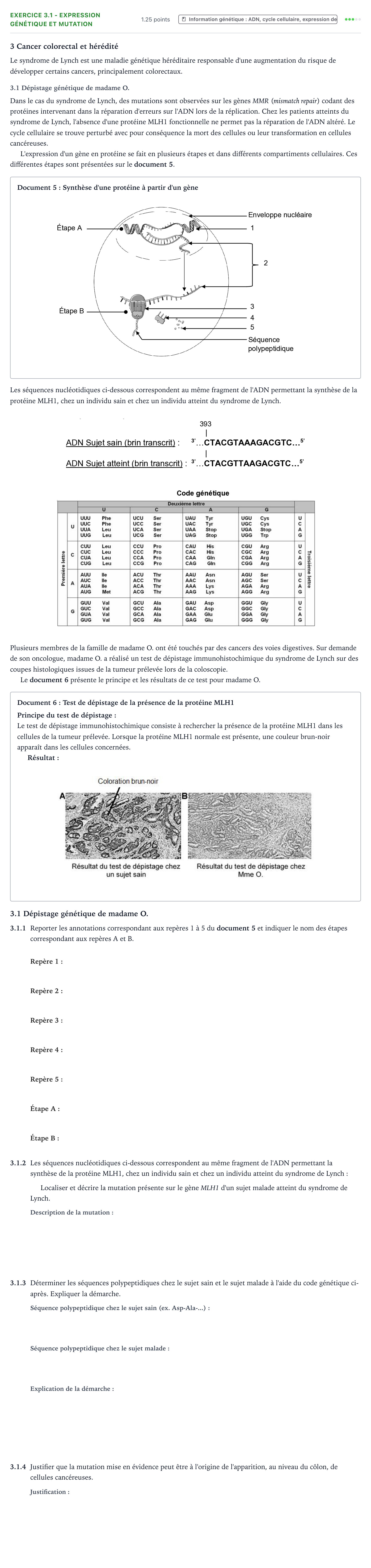 Énoncé: Exercice 3.1 - Expression génétique et mutation · Bac ST2S Chimie, Biologie et Physiopathologie Humaines Métropole remplacement 2024
