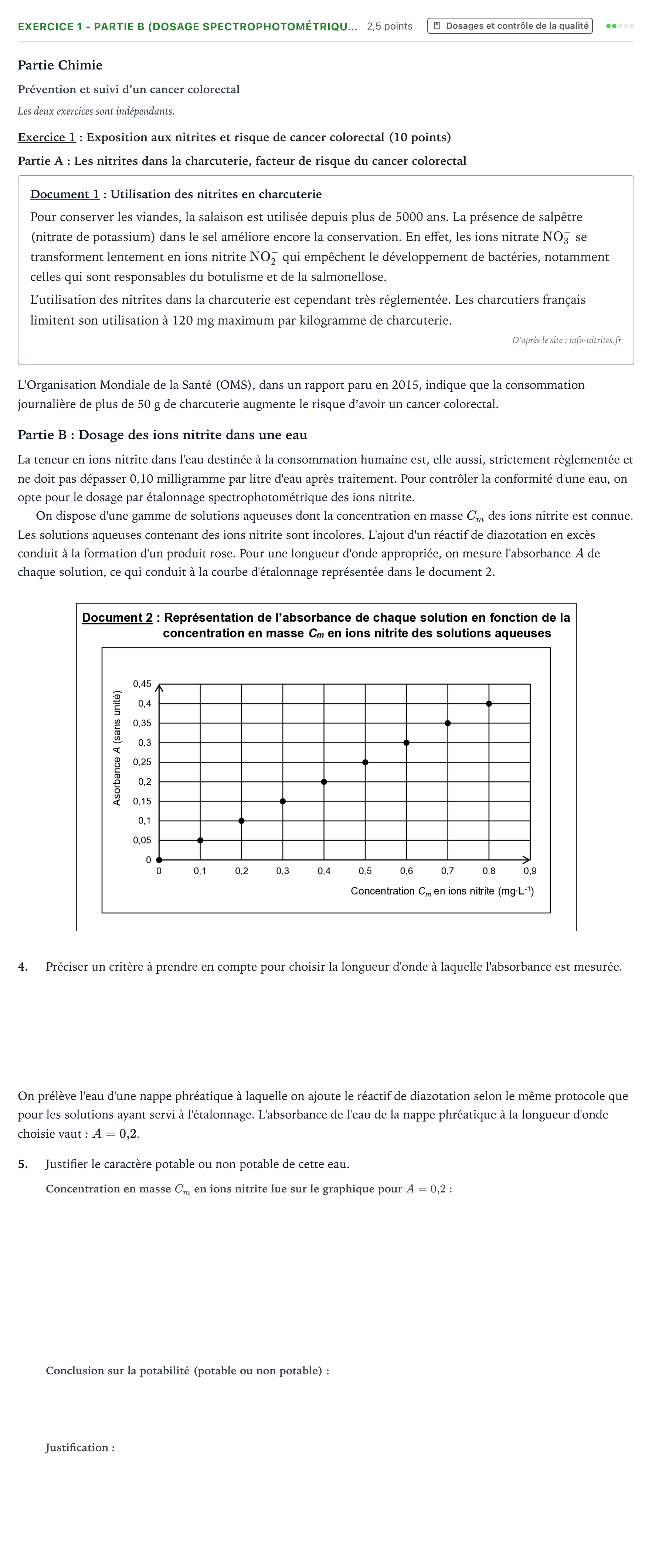 Énoncé: Exercice 1 - Partie B (Dosage spectrophotométriqu… · Bac ST2S Chimie, Biologie et Physiopathologie Humaines Métropole remplacement 2024