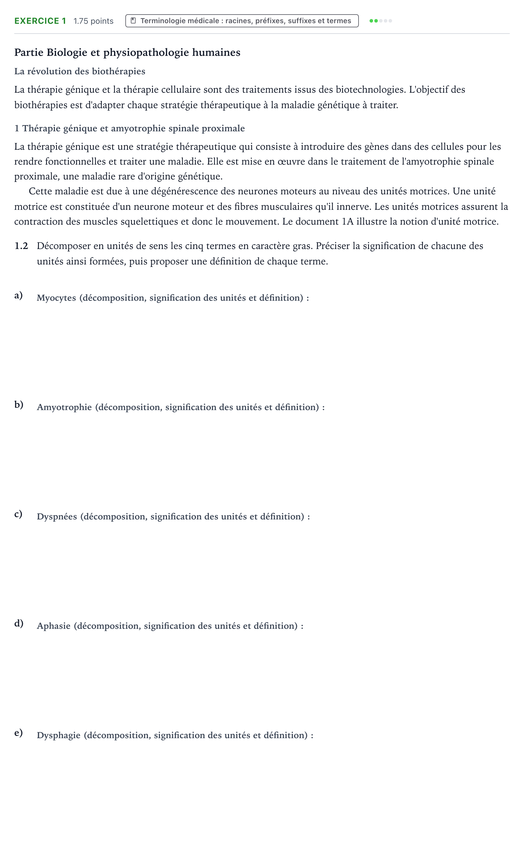 Énoncé: Exercice 1 - Terminologie médicale · Bac ST2S Chimie, Biologie et Physiopathologie Humaines Métropole remplacement 2025