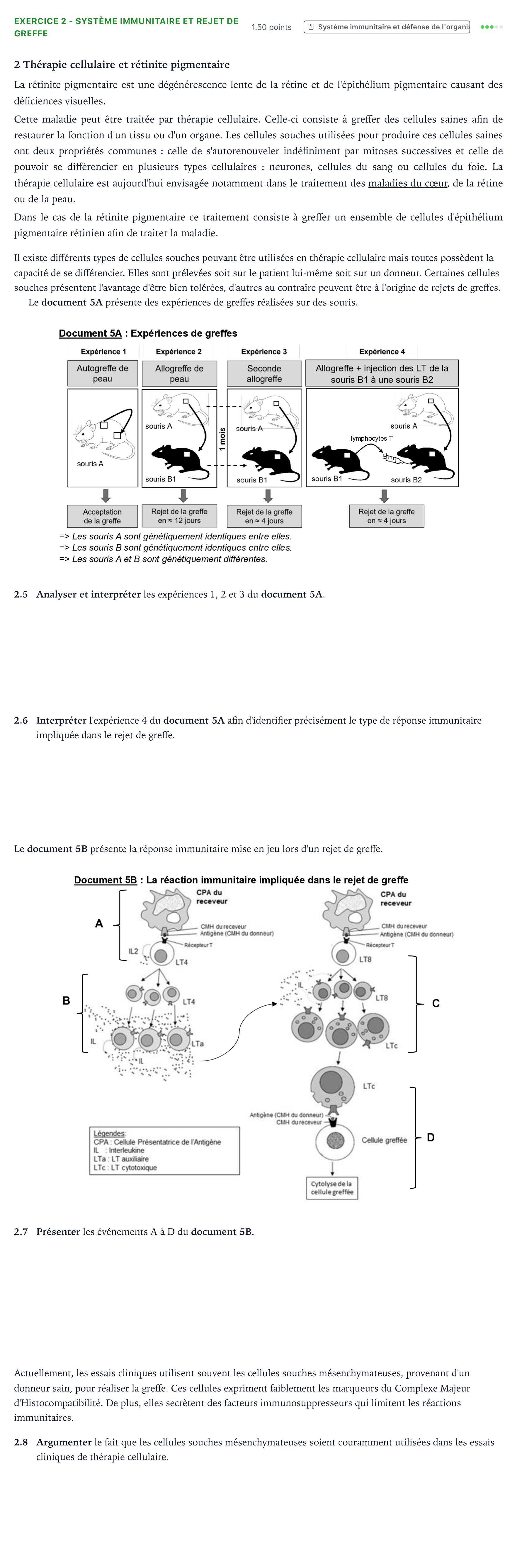 Énoncé: Exercice 2 - Système immunitaire et rejet de greffe · Bac ST2S Chimie, Biologie et Physiopathologie Humaines Métropole remplacement 2025