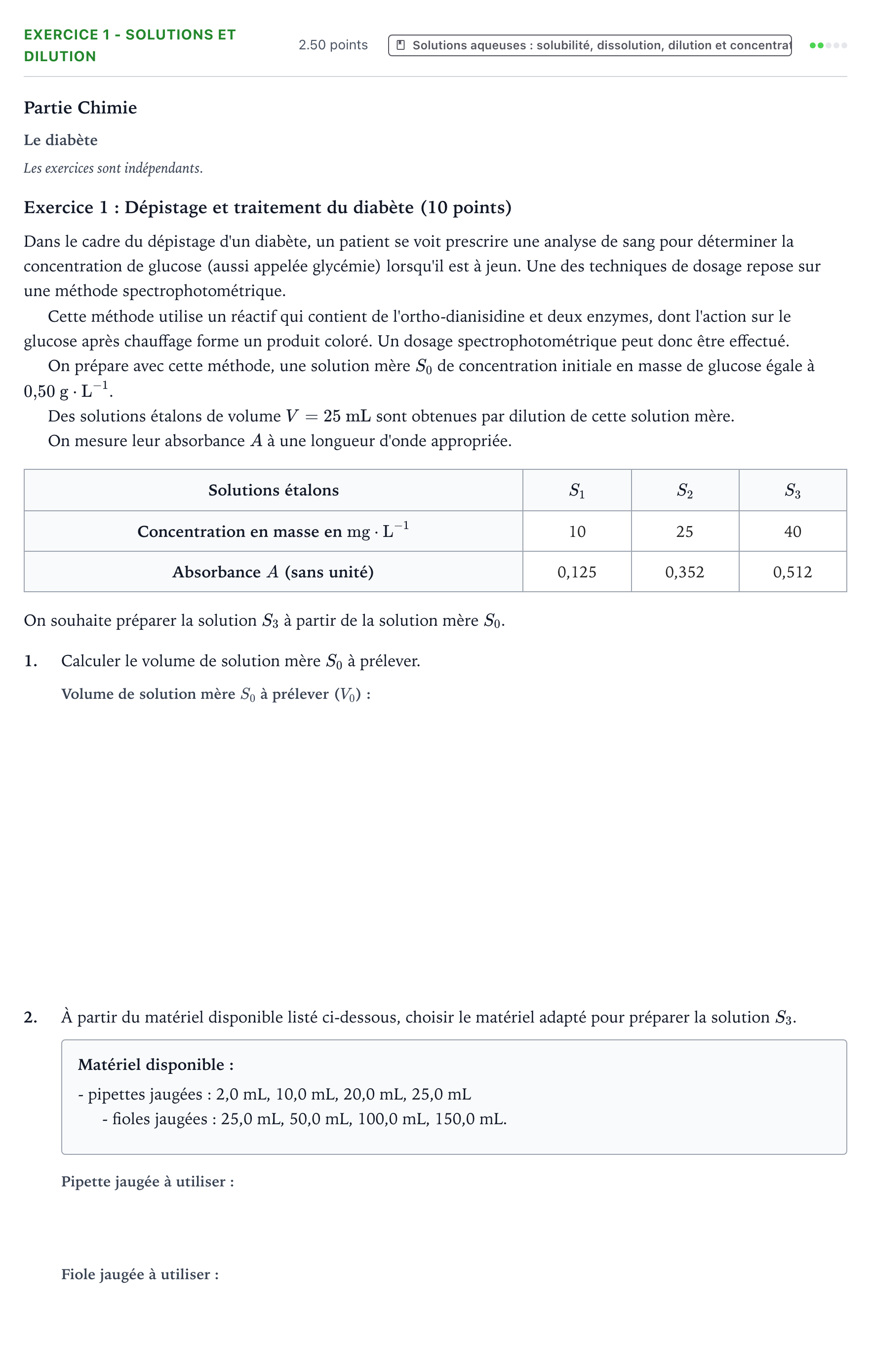 Énoncé: Exercice 1 - Solutions et dilution · Bac ST2S Chimie, Biologie et Physiopathologie Humaines Métropole remplacement 2025