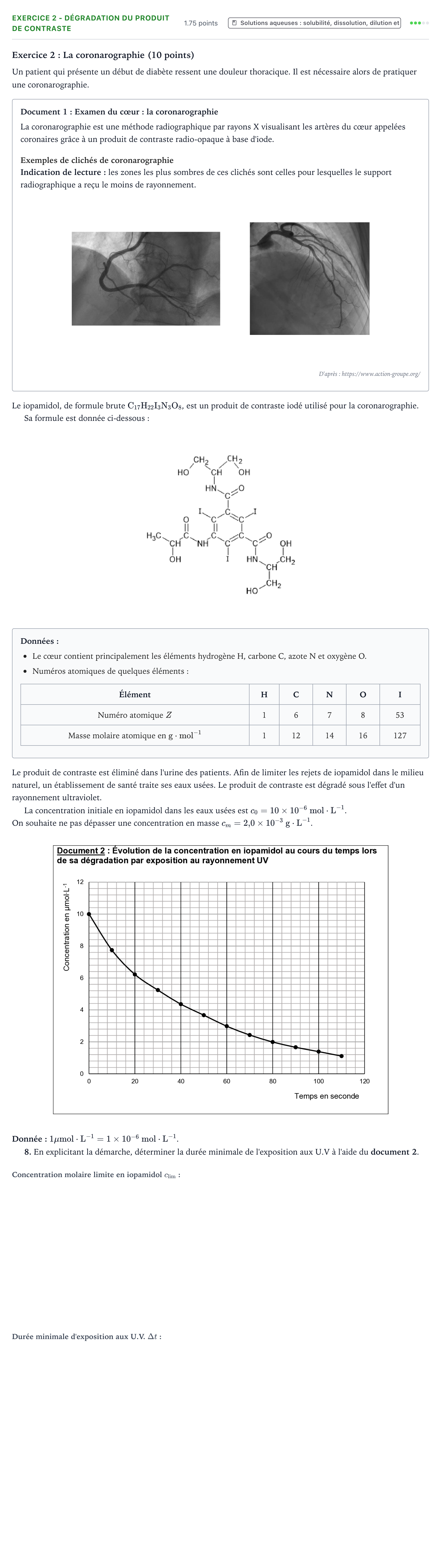 Énoncé: Exercice 2 - Dégradation du produit de contraste · Bac ST2S Chimie, Biologie et Physiopathologie Humaines Métropole remplacement 2025