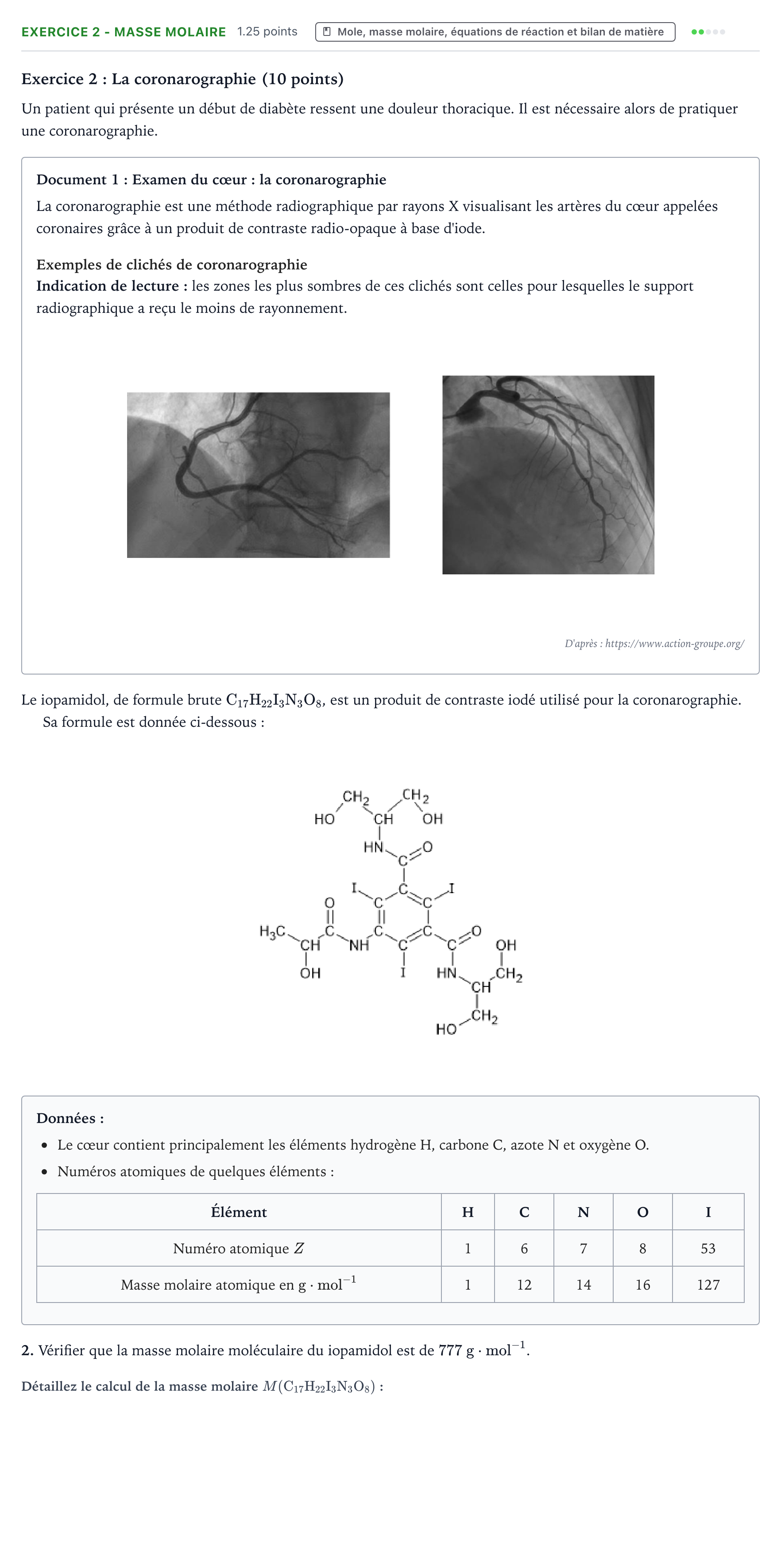 Énoncé: Exercice 2 - Masse molaire · Bac ST2S Chimie, Biologie et Physiopathologie Humaines Métropole remplacement 2025