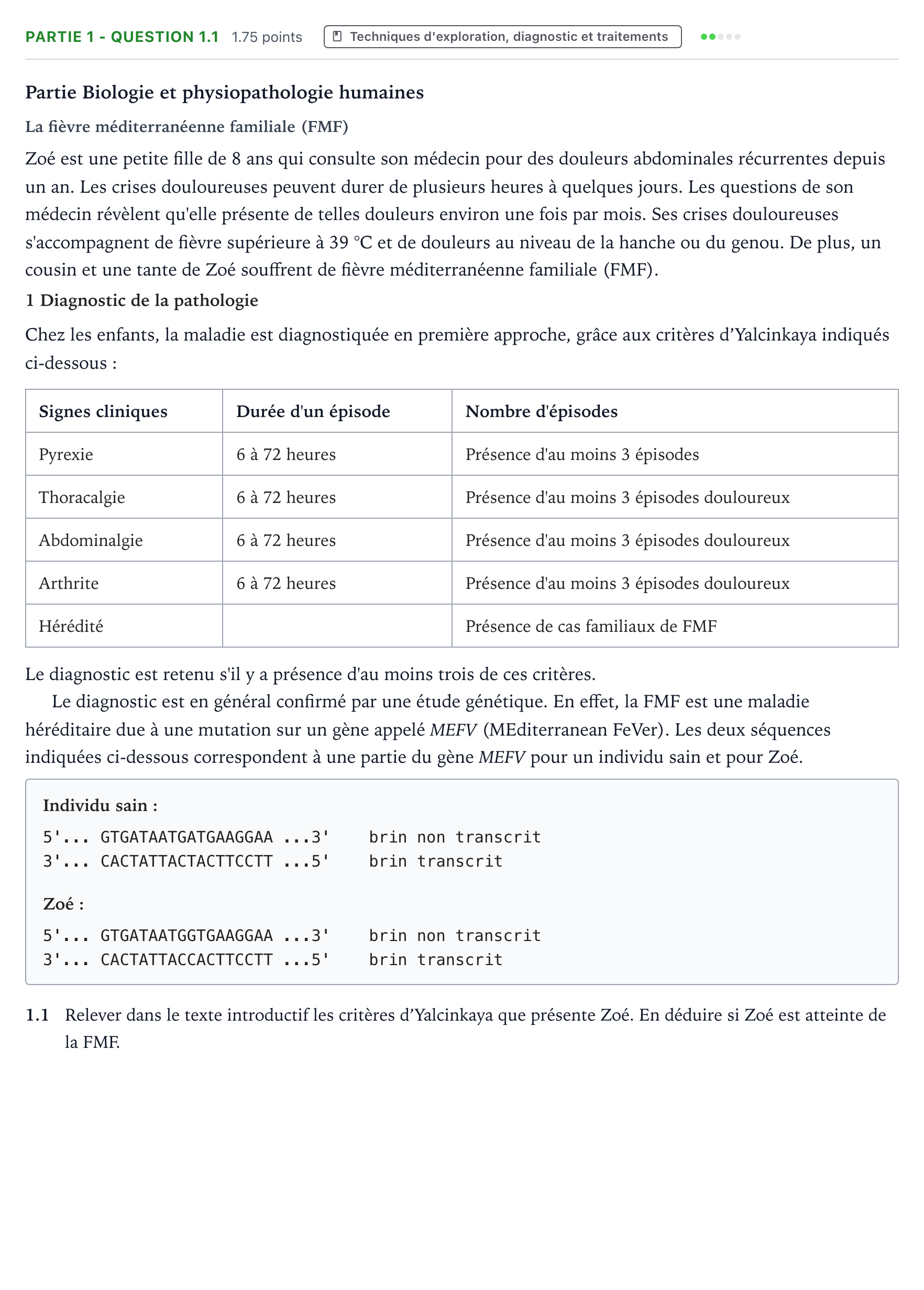 Énoncé: Partie 1 - Question 1.1 · Bac ST2S Chimie, Biologie et Physiopathologie Humaines Métropole remplacement 2026